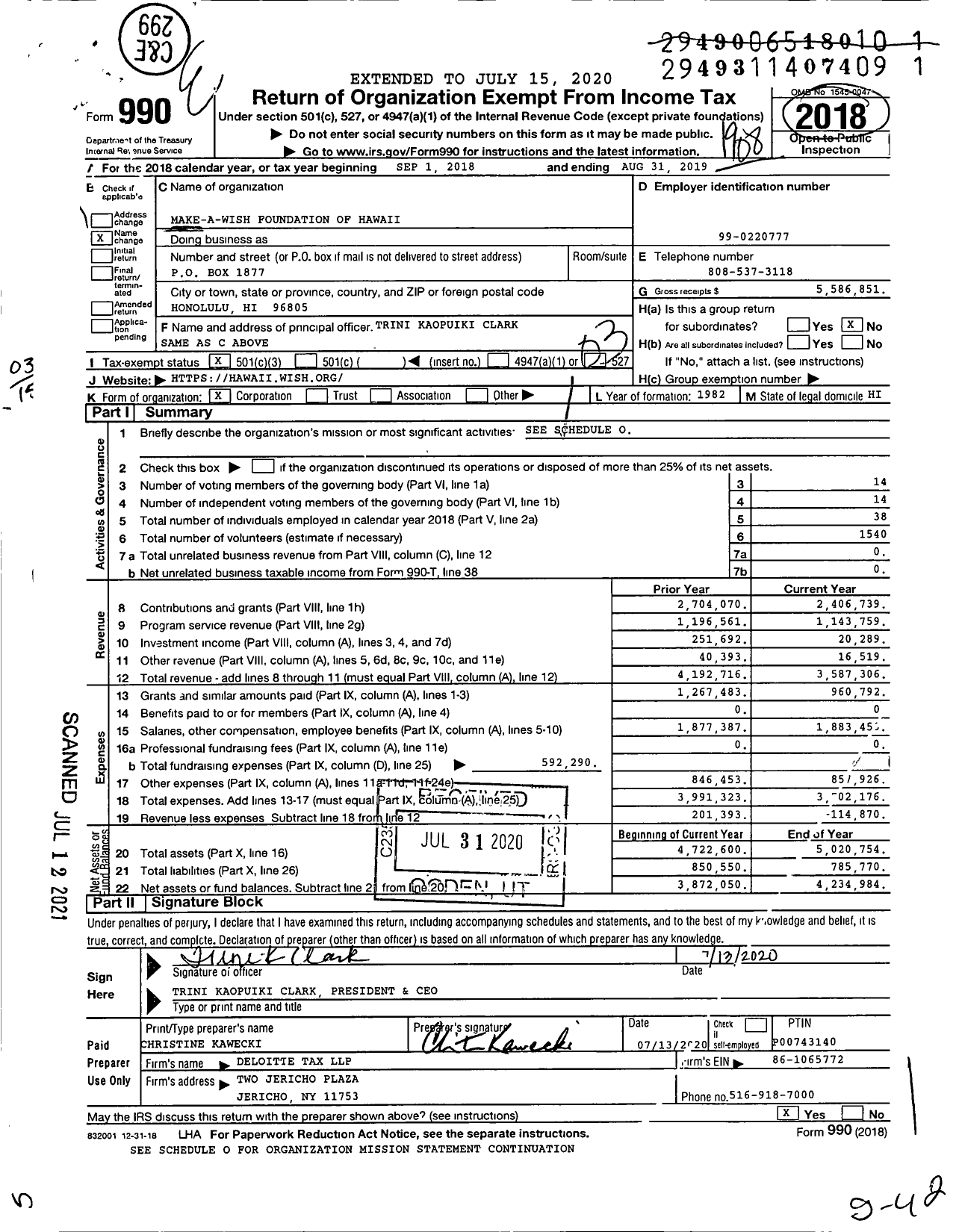 Image of first page of 2018 Form 990 for Make-A-Wish Foundation of Hawaii