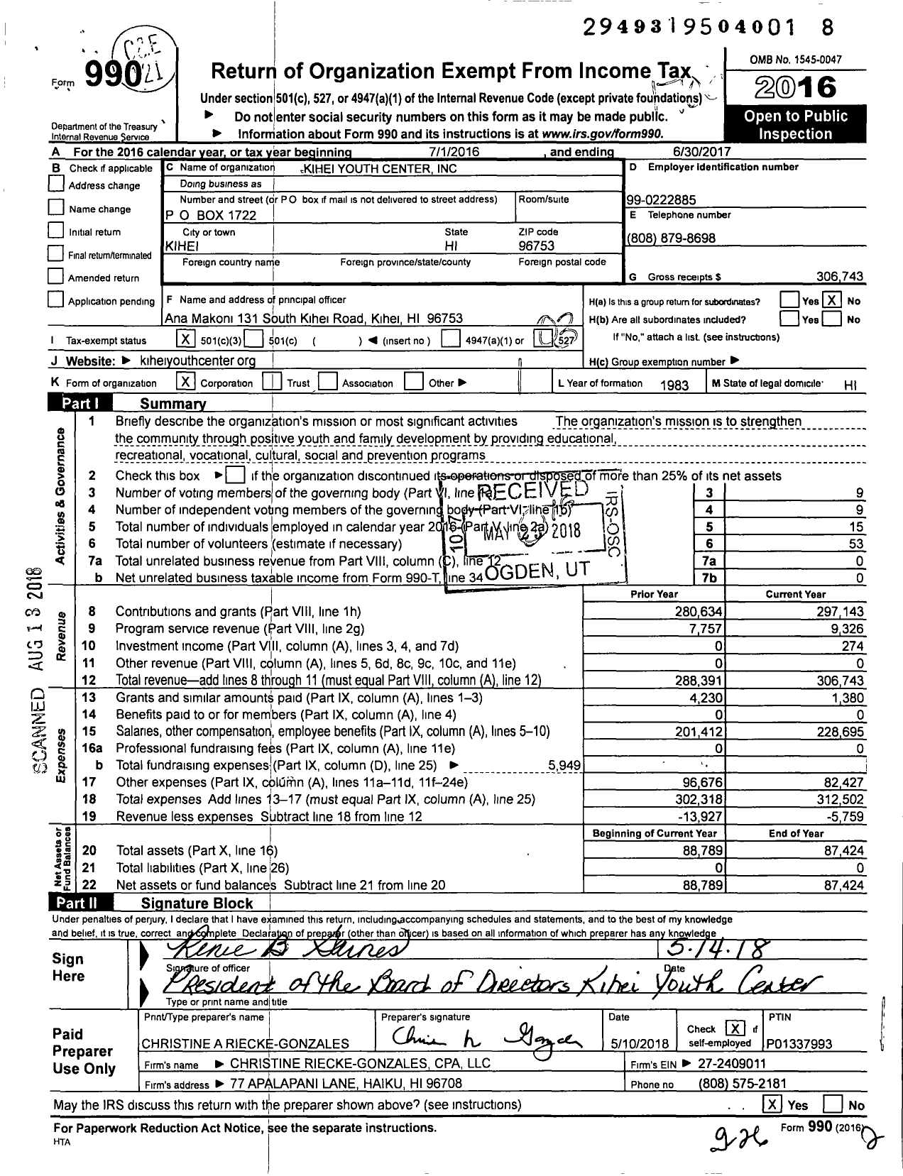 Image of first page of 2016 Form 990 for Kihei Youth Center