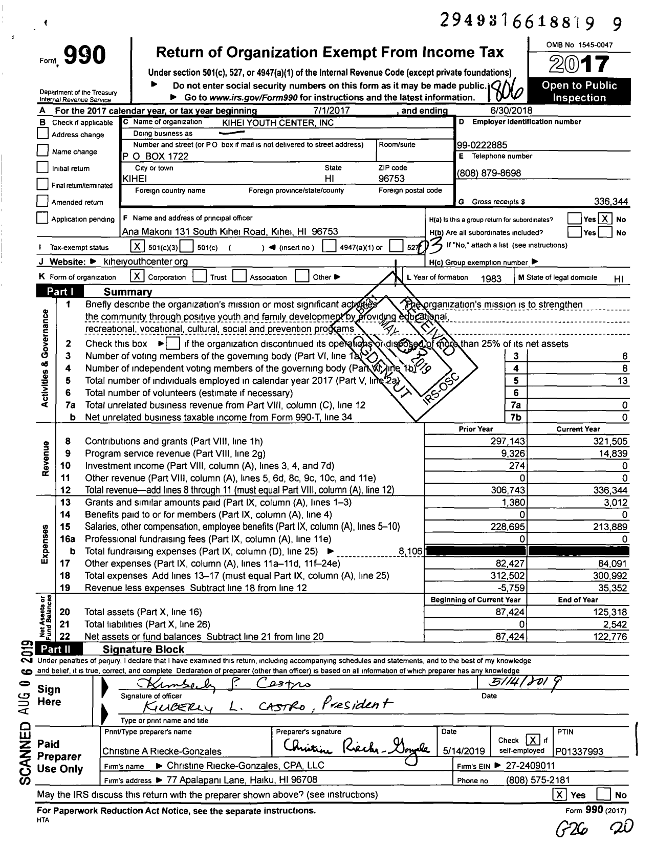 Image of first page of 2017 Form 990 for Kihei Youth Center