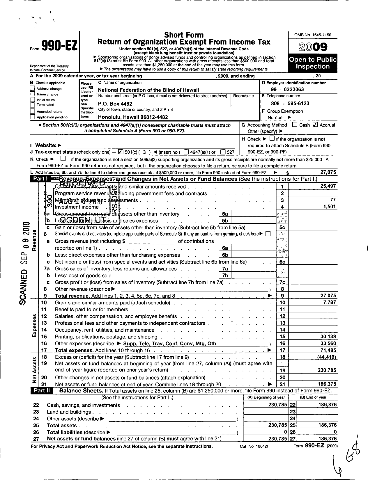 Image of first page of 2009 Form 990EZ for National Federation of the Blind of Hawaii