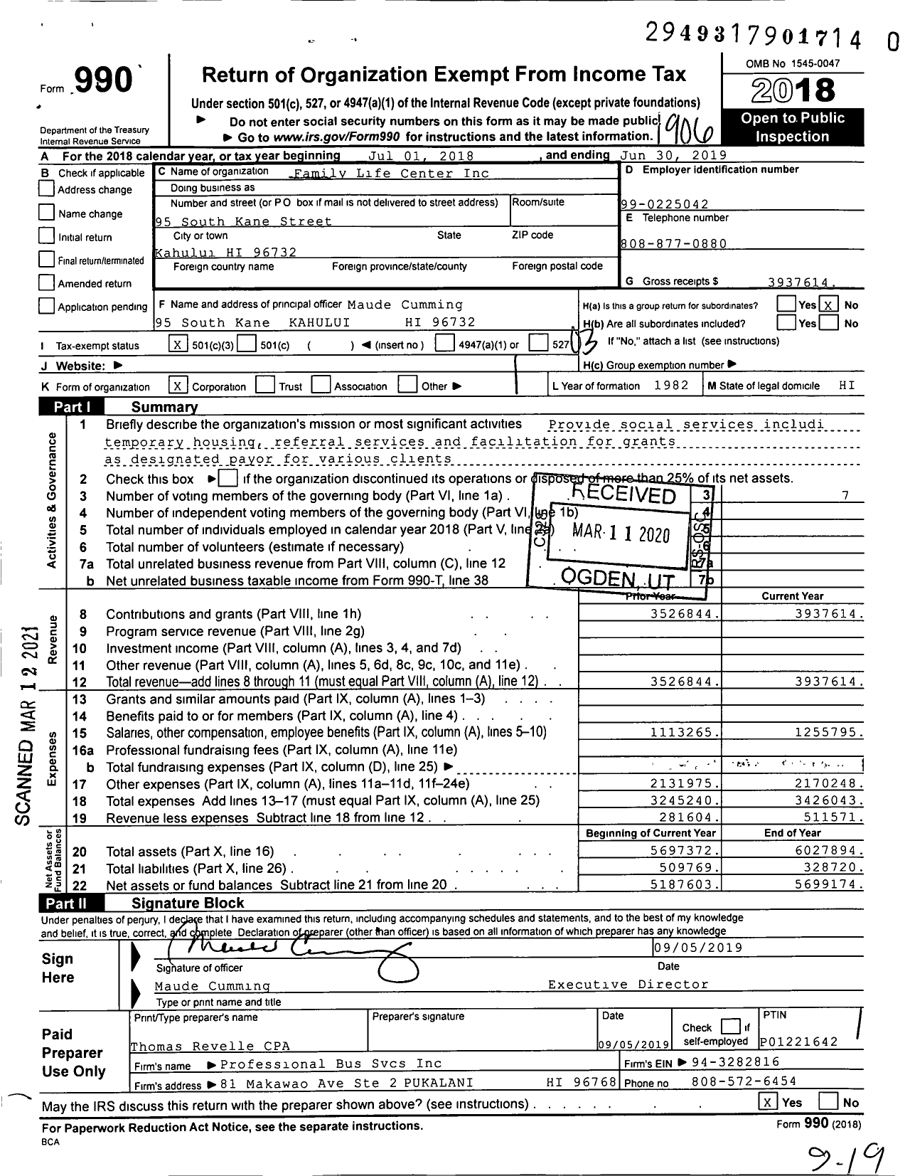 Image of first page of 2018 Form 990 for Family Life Center