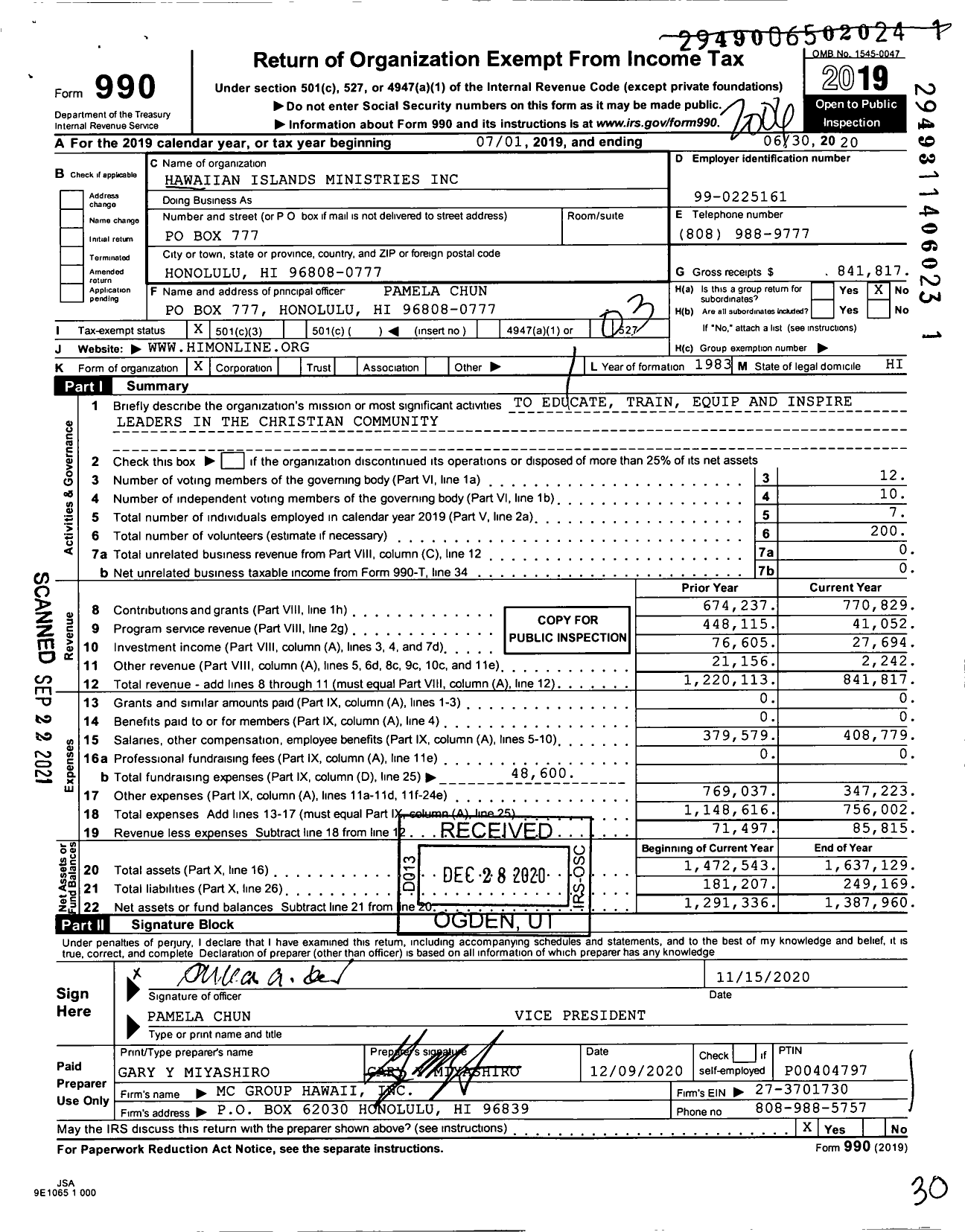 Image of first page of 2019 Form 990 for Hawaiian Islands Ministries