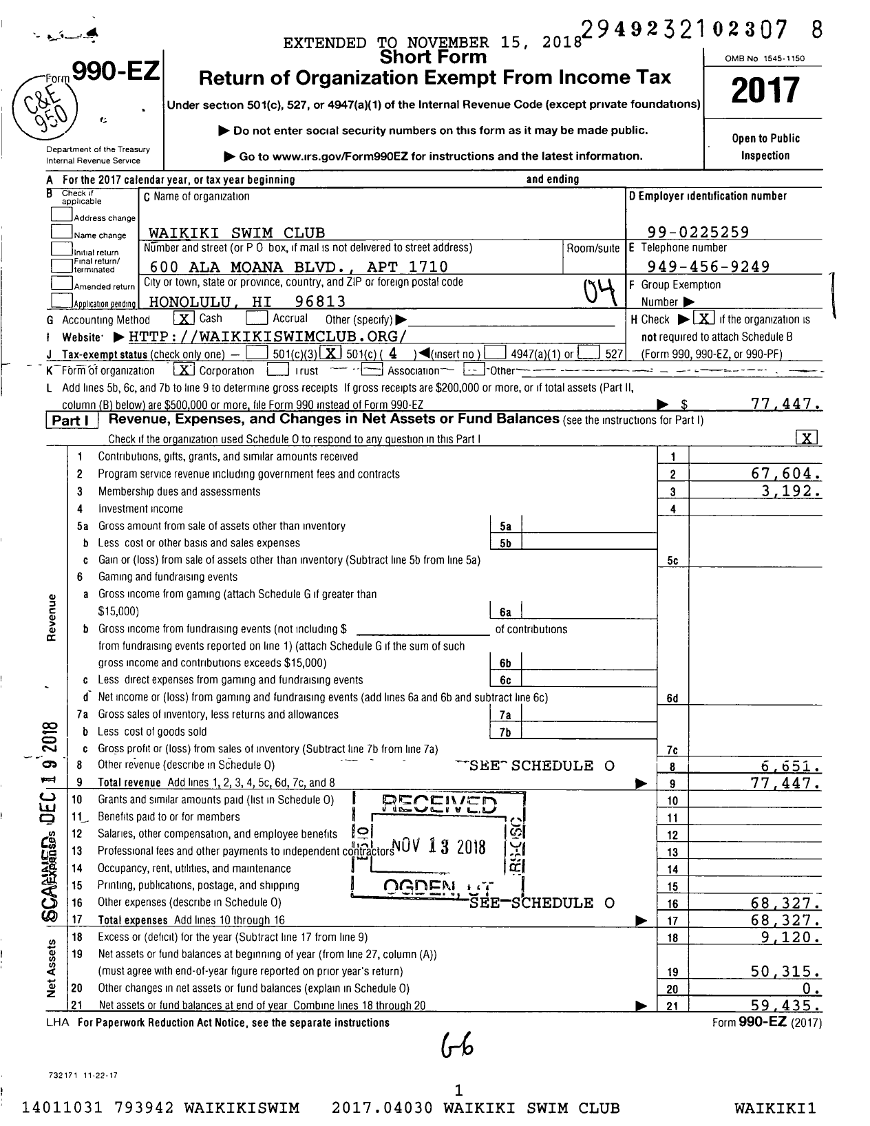 Image of first page of 2017 Form 990EO for Waikiki Swim Club