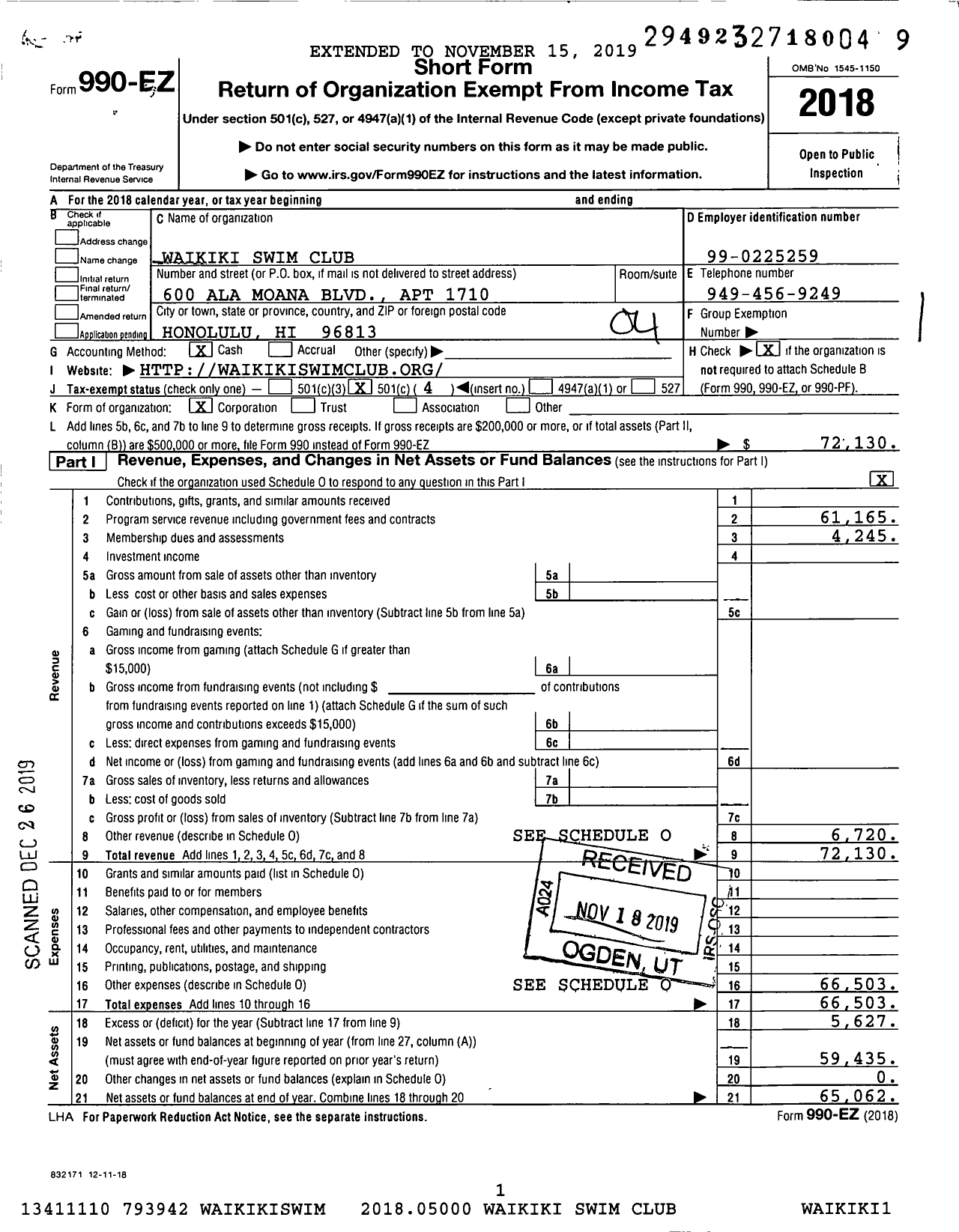 Image of first page of 2018 Form 990EO for Waikiki Swim Club