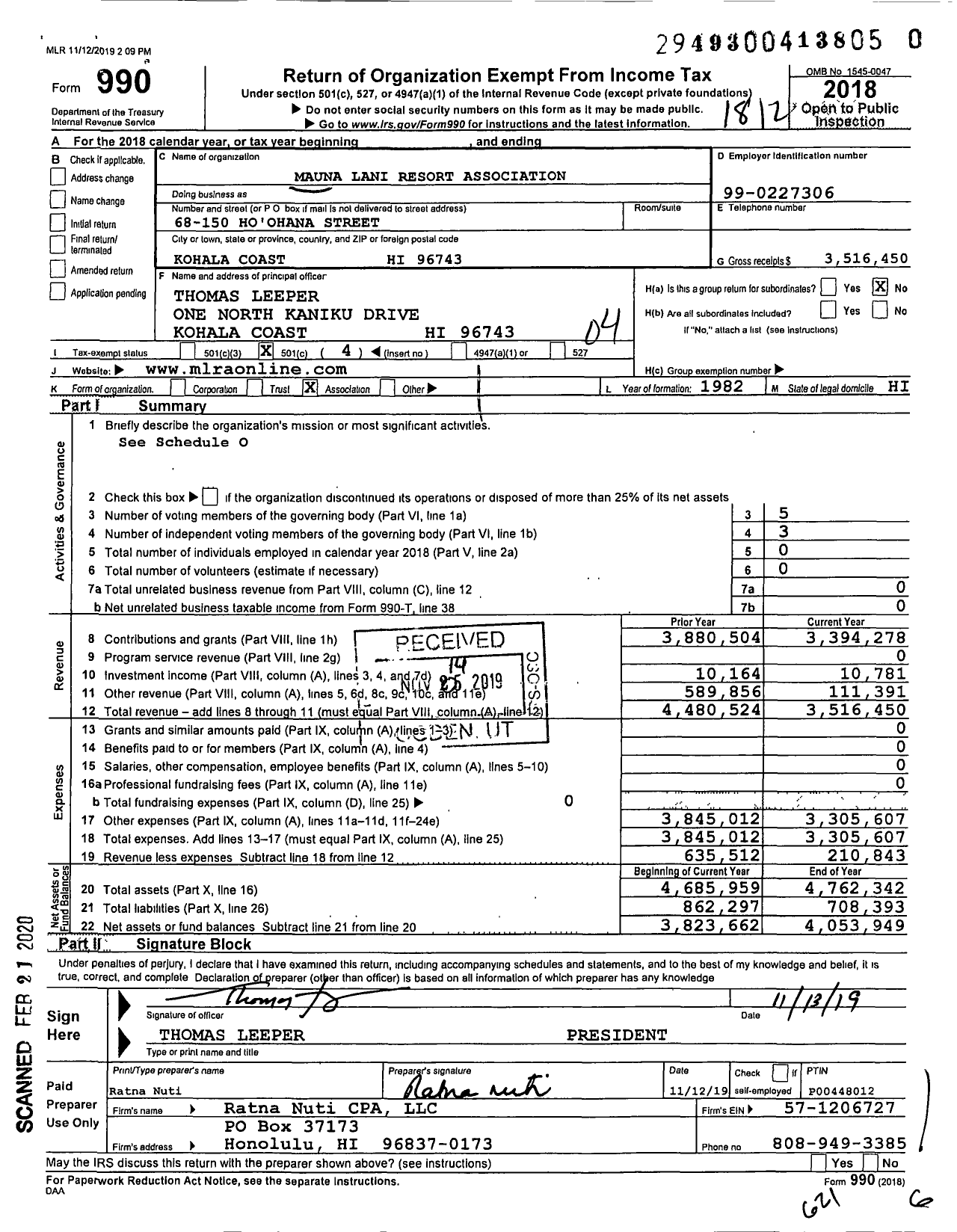 Image of first page of 2018 Form 990O for Mauna Lani Resort Association