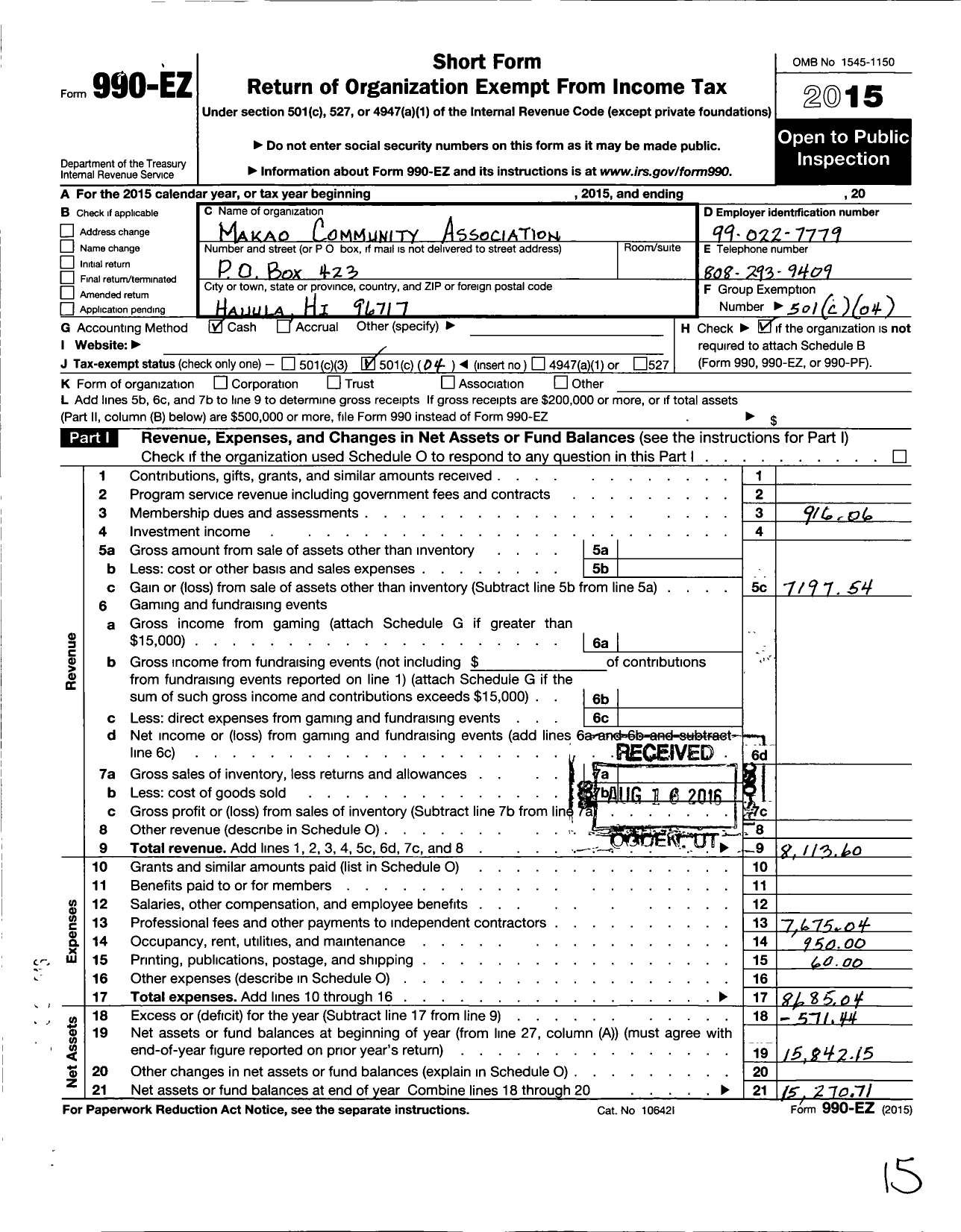 Image of first page of 2015 Form 990EO for Makao Community Association