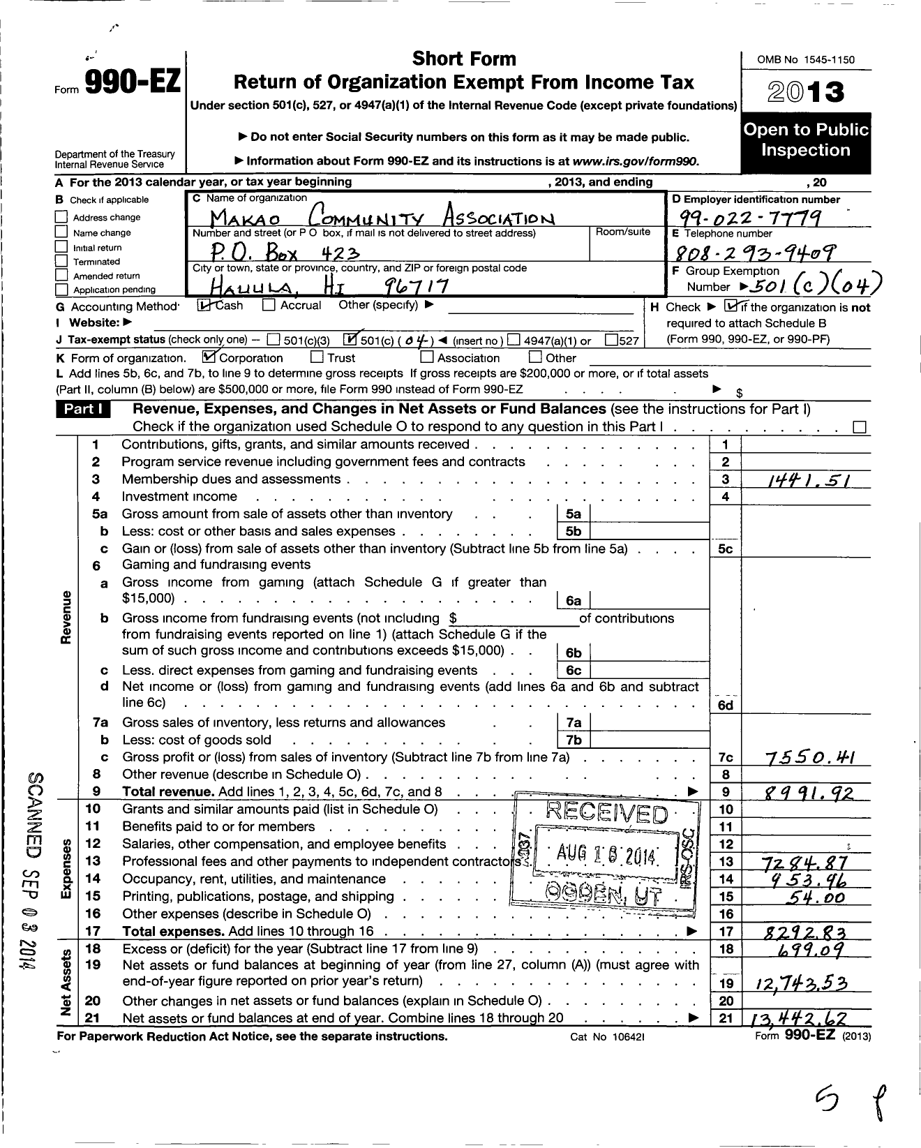 Image of first page of 2013 Form 990EO for Makao Community Association