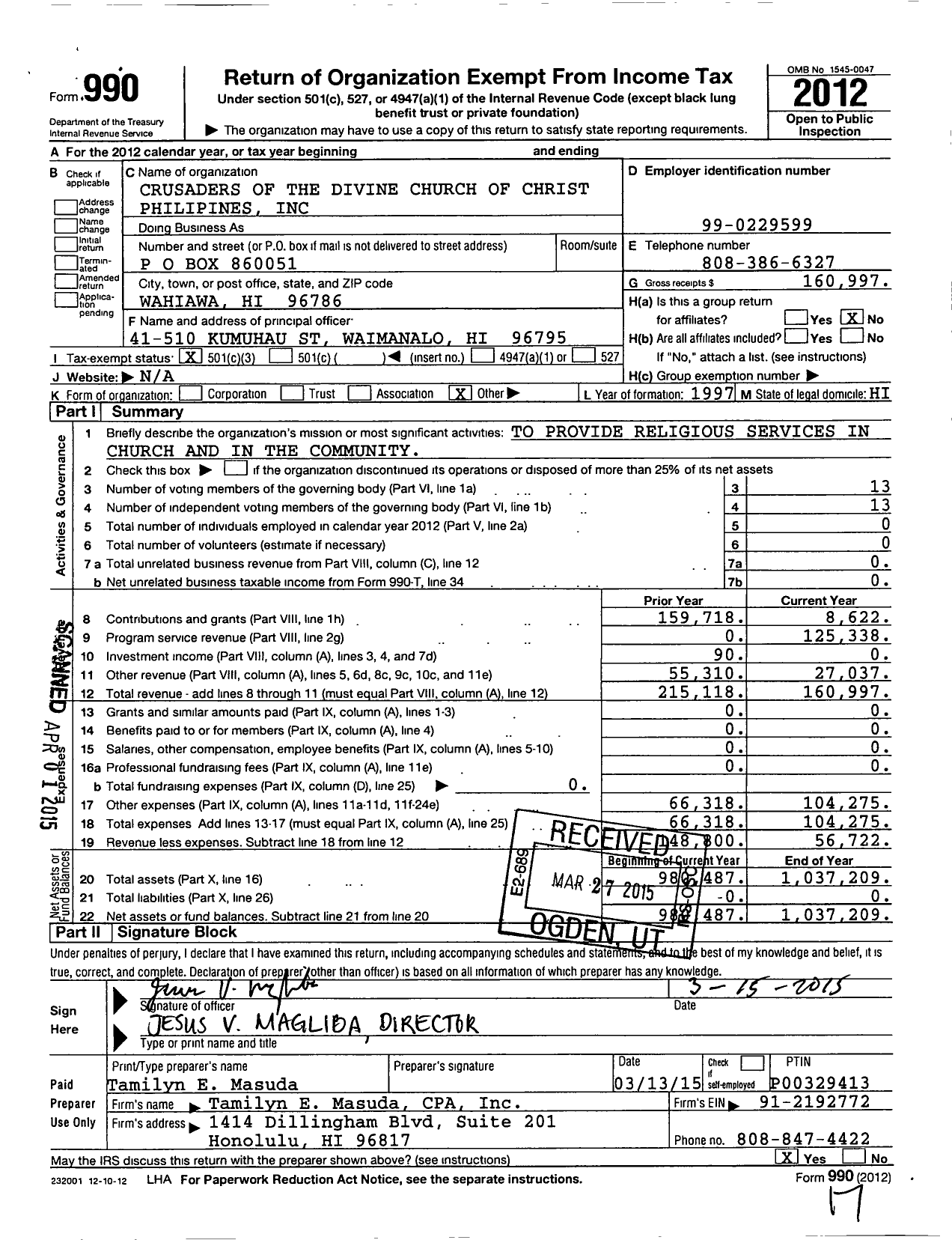 Image of first page of 2012 Form 990 for Crusaders of the Divine Church of Christ Philipines