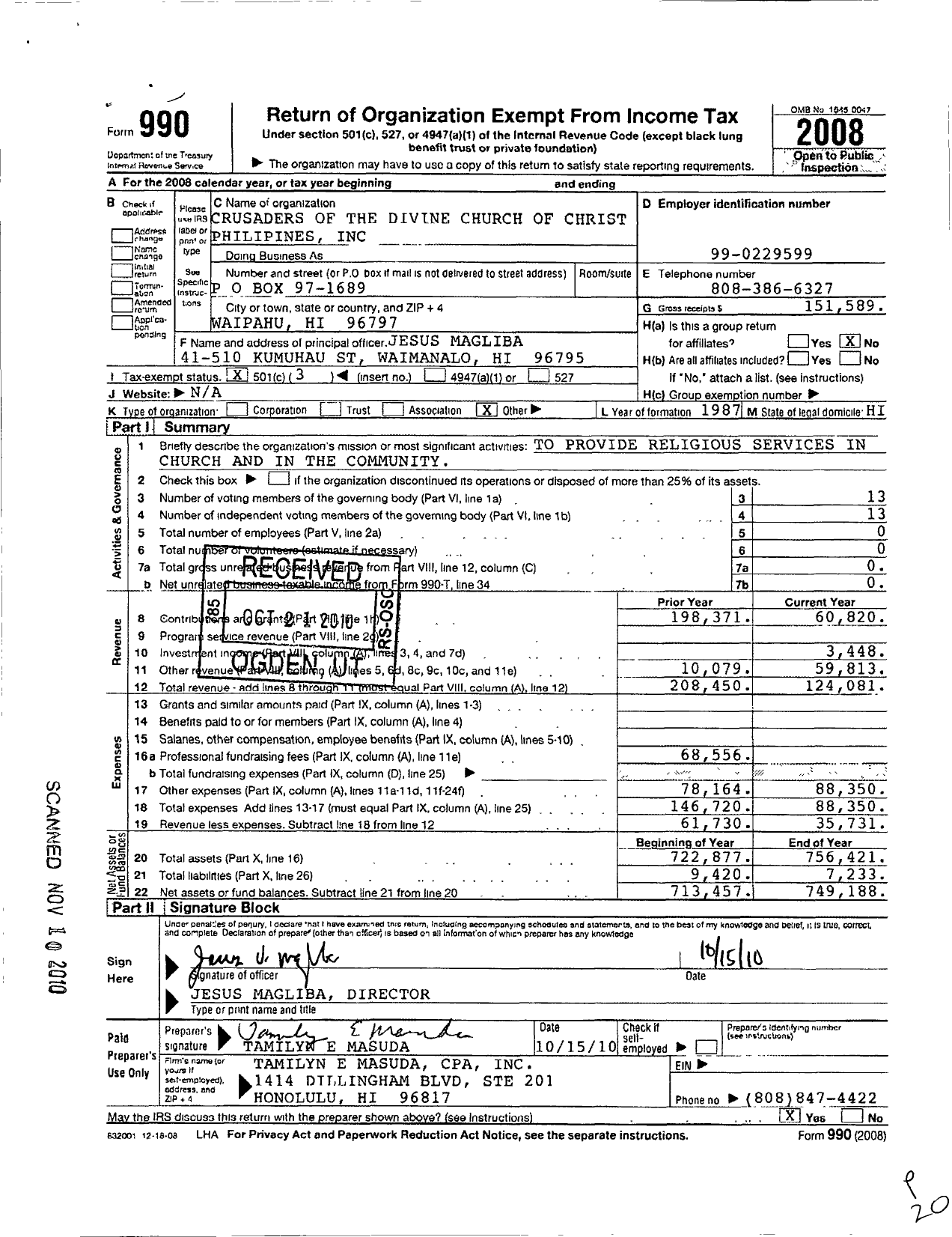 Image of first page of 2008 Form 990 for Crusaders of the Divine Church of Christ Philipines