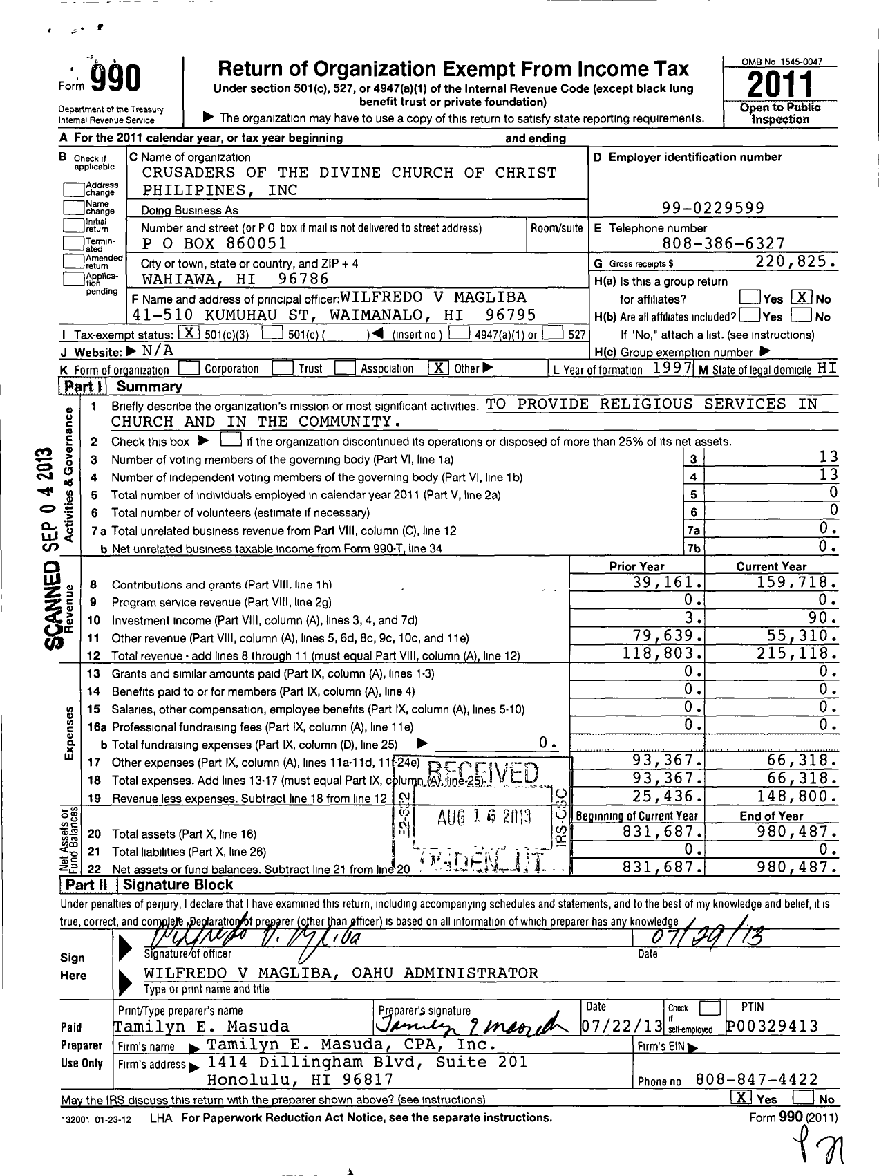 Image of first page of 2011 Form 990 for Crusaders of the Divine Church of Christ Philipines