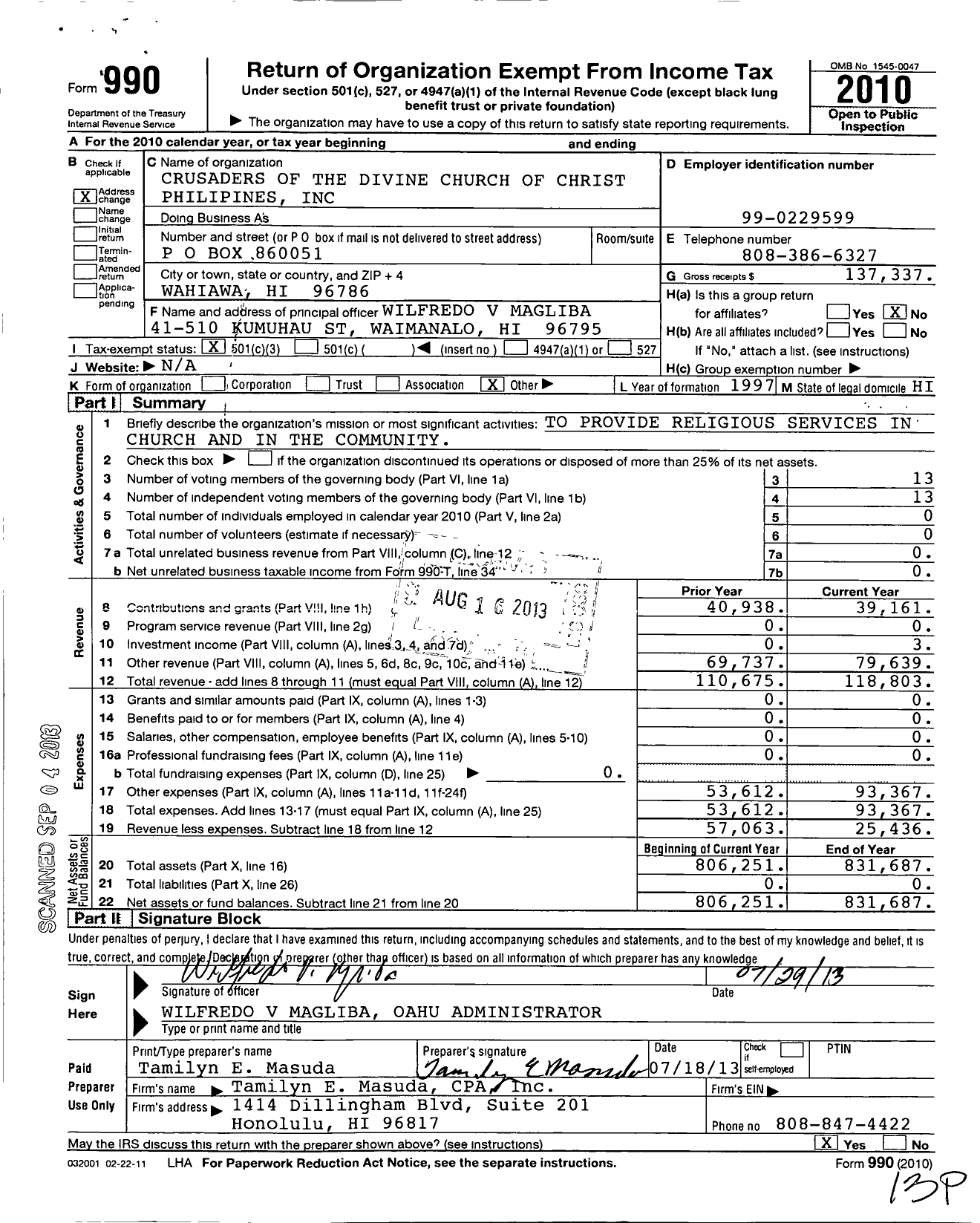 Image of first page of 2010 Form 990 for Crusaders of the Divine Church of Christ Philipines