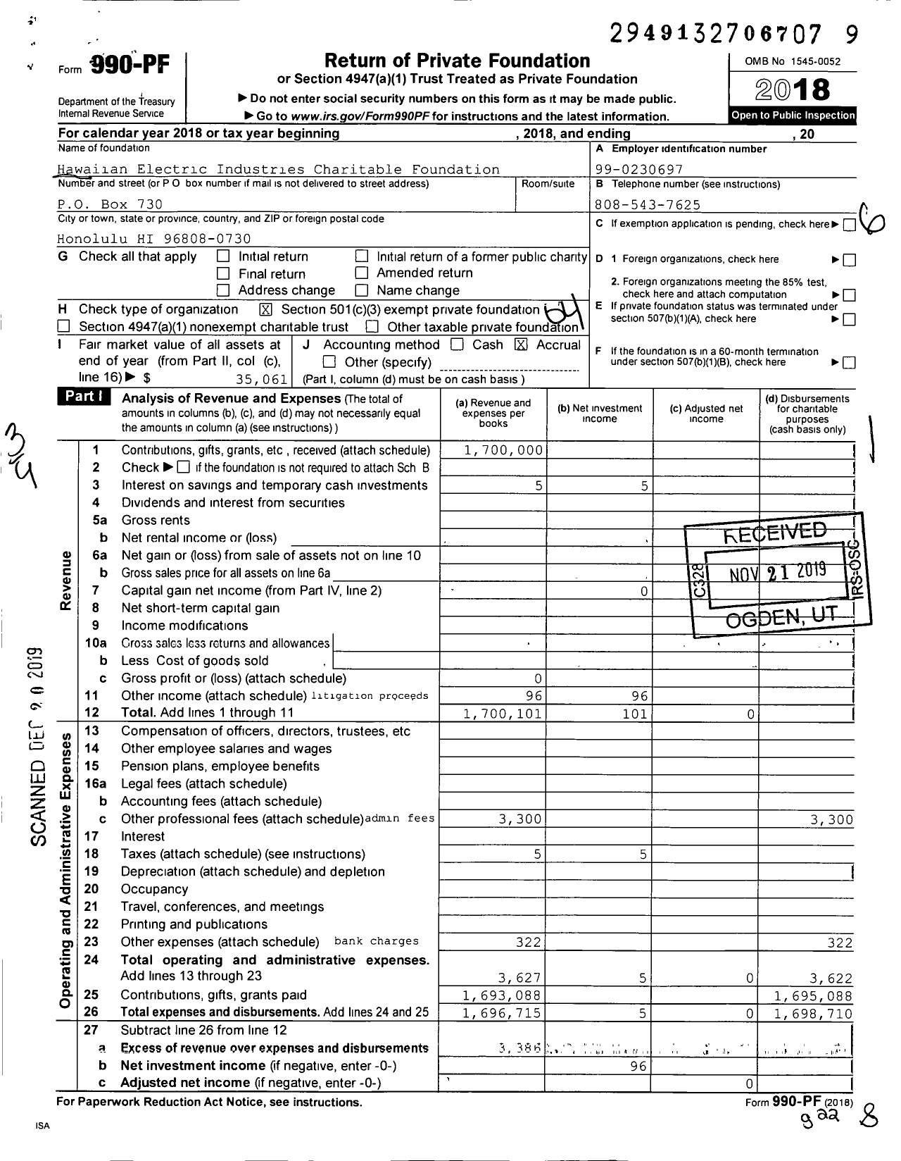 Image of first page of 2018 Form 990PF for Hawaiian Electric Industries Charitable Foundation