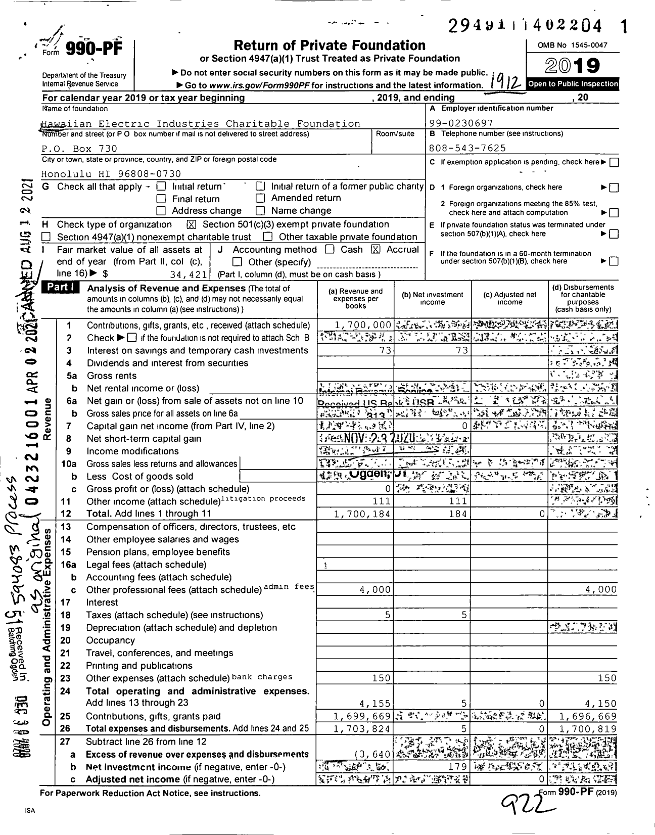 Image of first page of 2019 Form 990PF for Hawaiian Electric Industries Charitable Foundation