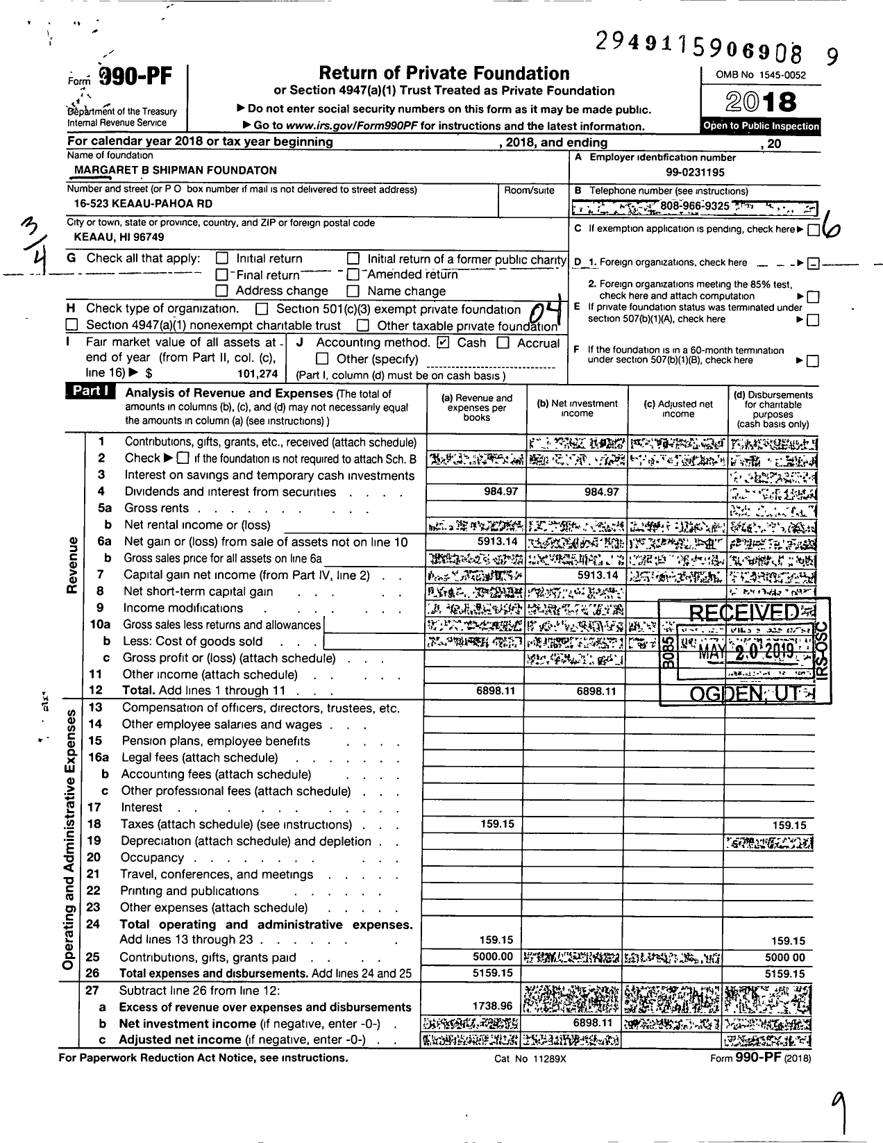 Image of first page of 2018 Form 990PF for Margaret B Shipman Foundation