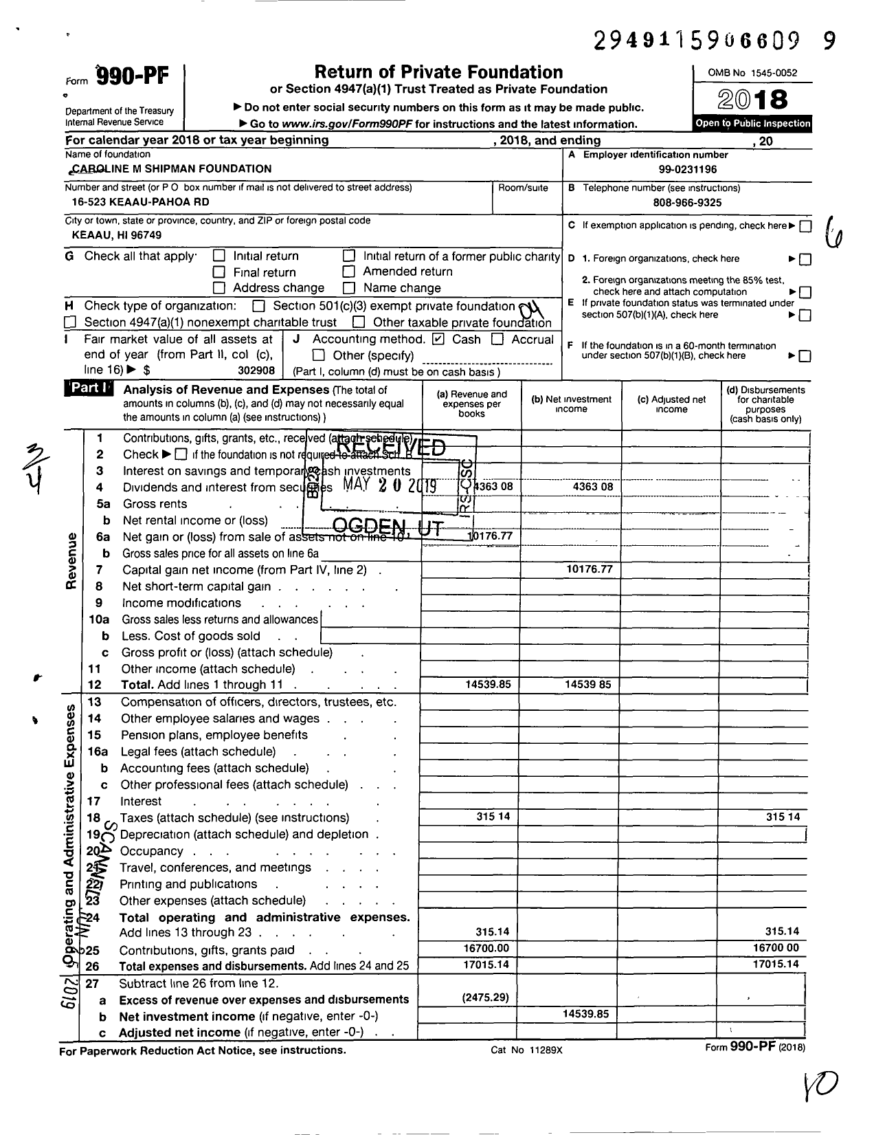 Image of first page of 2018 Form 990PF for Caroline Shipman Foundation