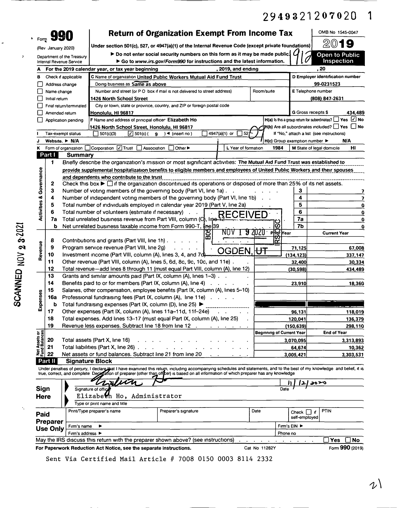 Image of first page of 2019 Form 990O for United Public Workers Mutual Aid Fund Trust