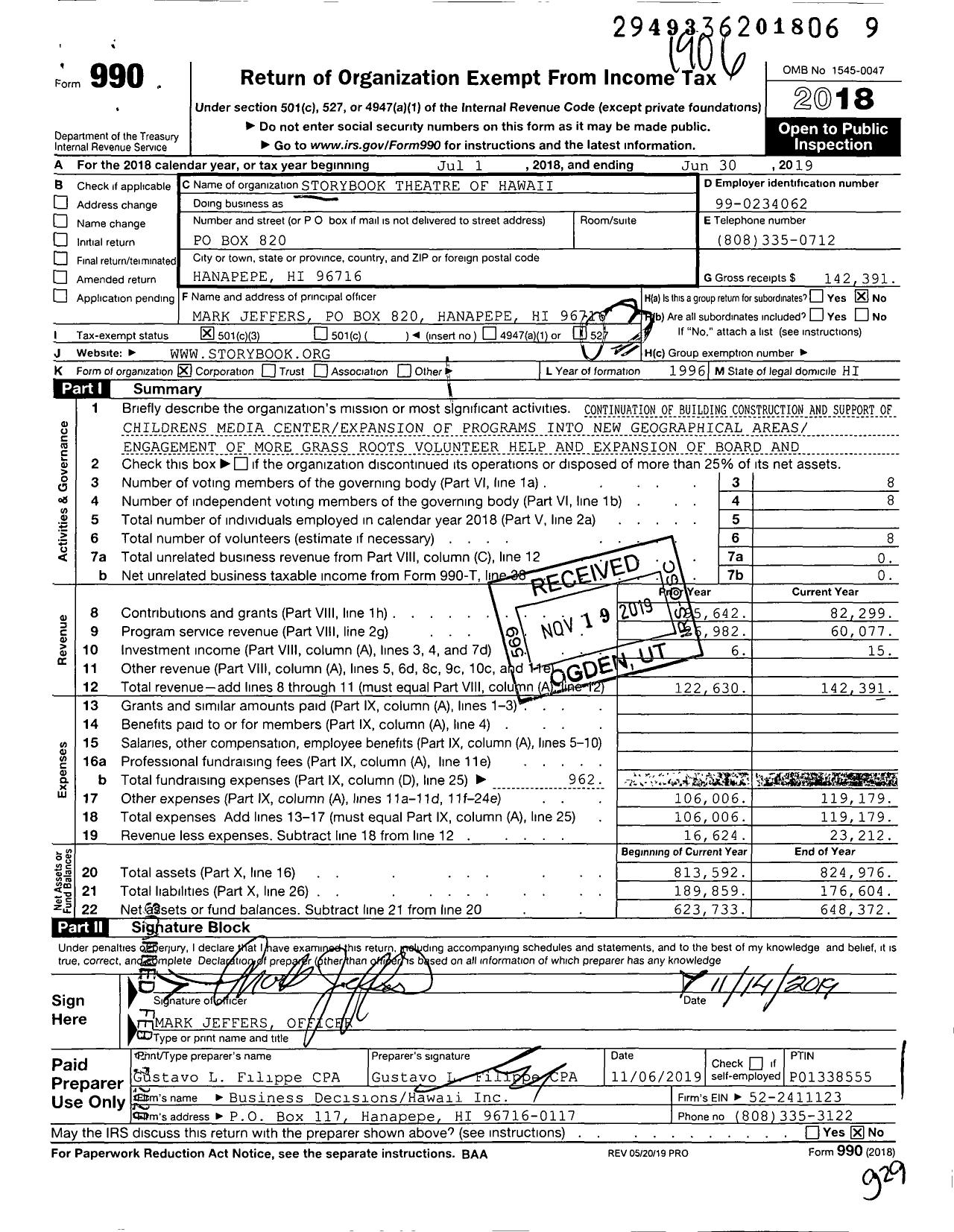 Image of first page of 2018 Form 990 for Storybook Theatre of Hawaii