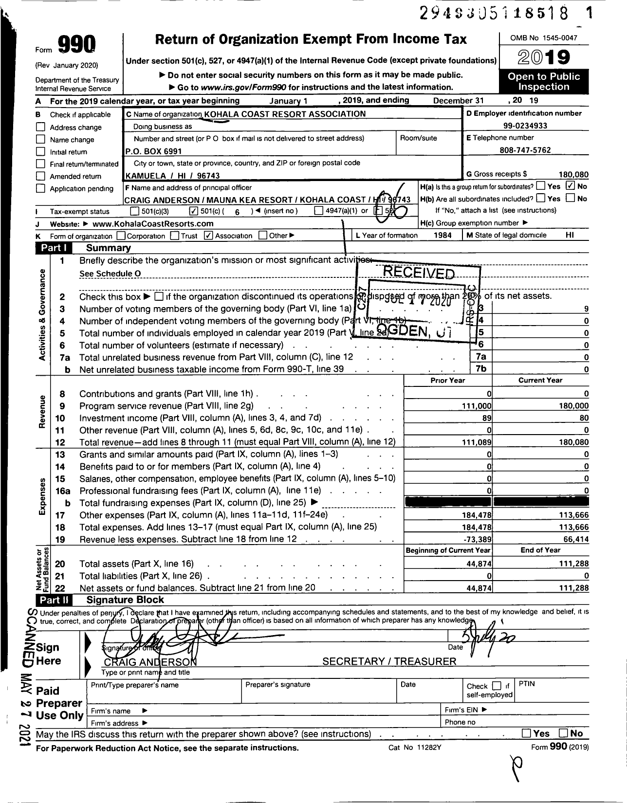 Image of first page of 2019 Form 990O for Kohala Coast Resort Association