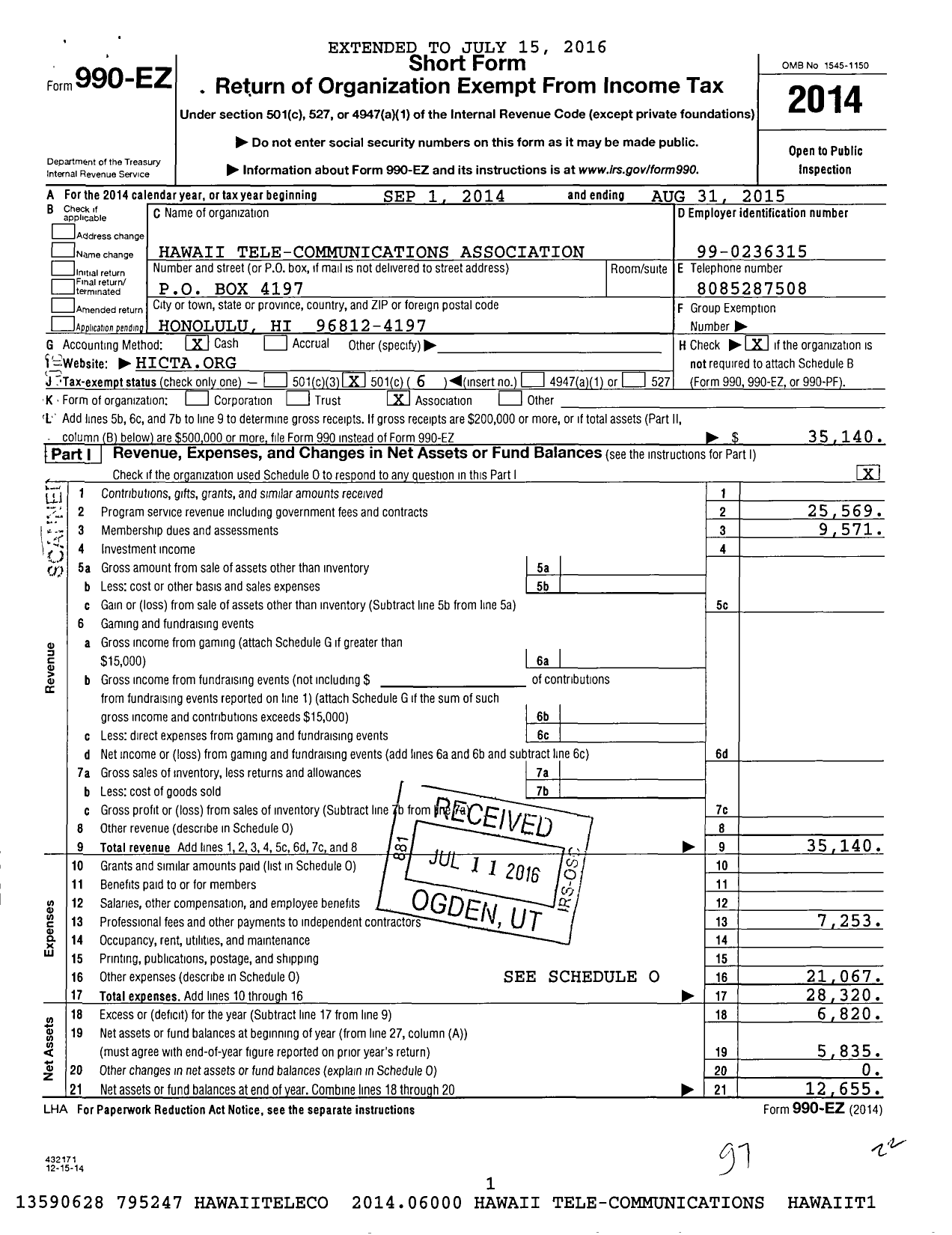 Image of first page of 2014 Form 990EO for Hawaii Tele-Communications Association