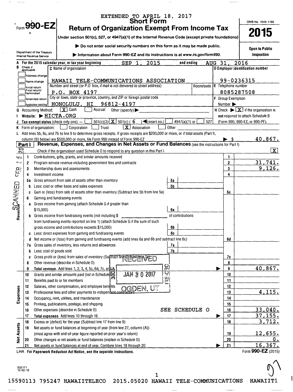 Image of first page of 2015 Form 990EO for Hawaii Tele-Communications Association