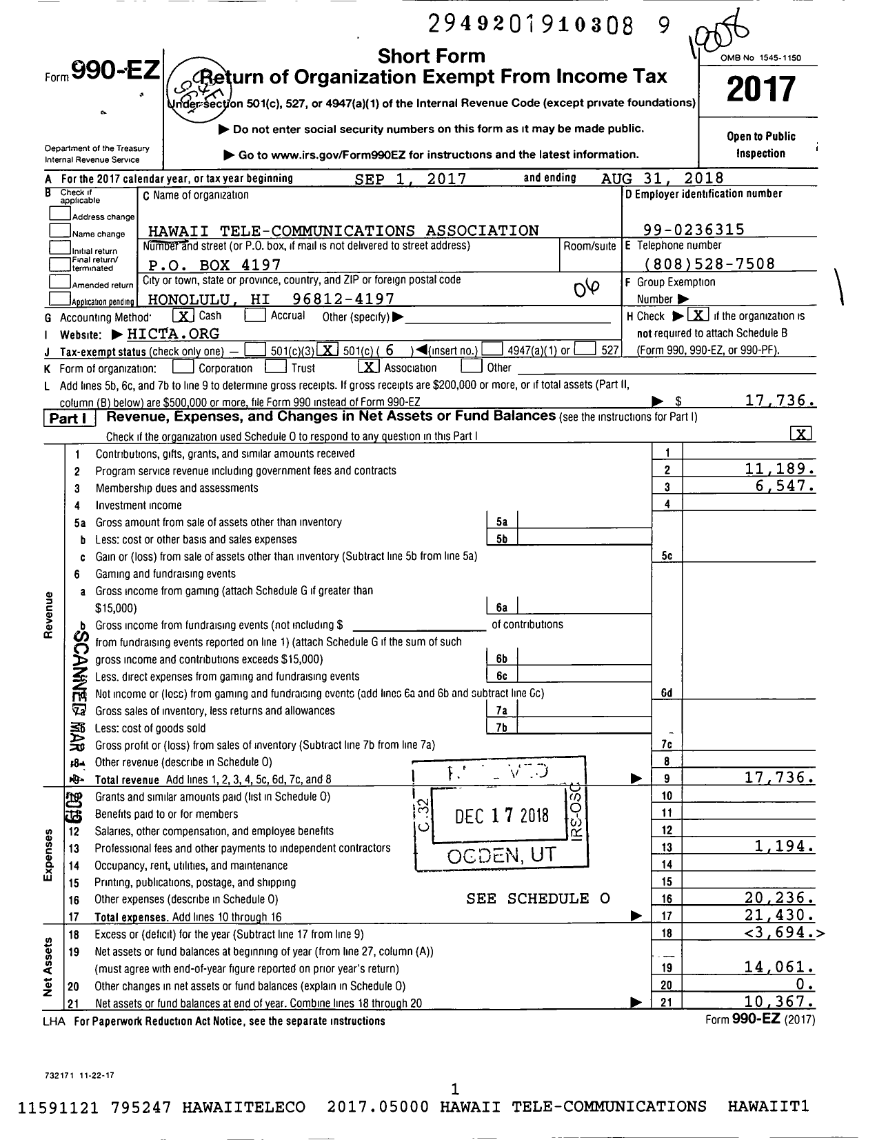 Image of first page of 2017 Form 990EO for Hawaii Tele-Communications Association