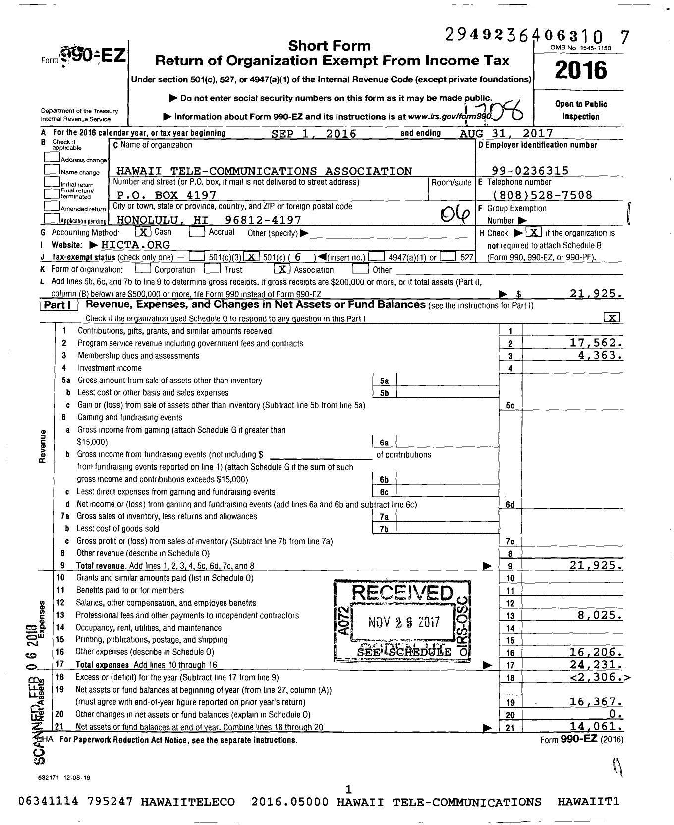 Image of first page of 2016 Form 990EO for Hawaii Tele-Communications Association