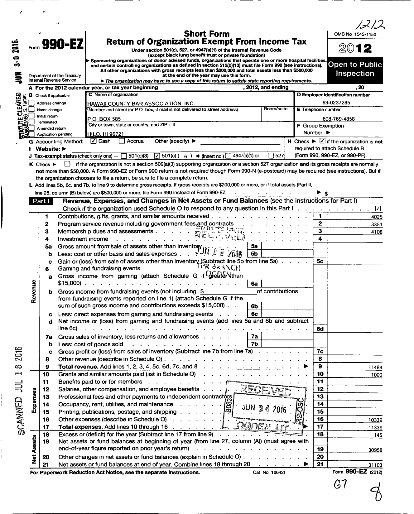 Image of first page of 2012 Form 990EO for Hawaii County Bar Association