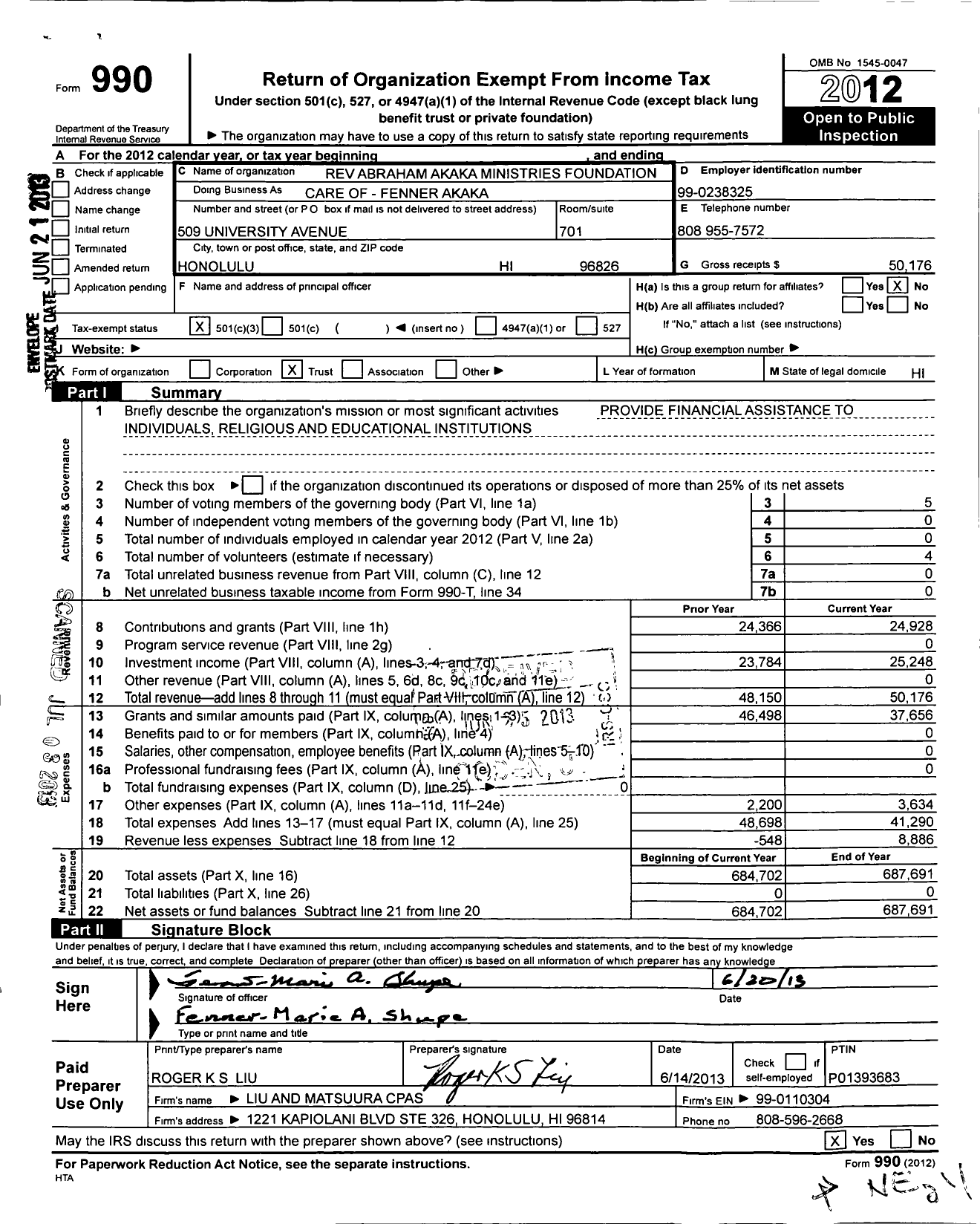 Image of first page of 2012 Form 990 for Reverend Abraham Kahu Akaka Ministries Foundation