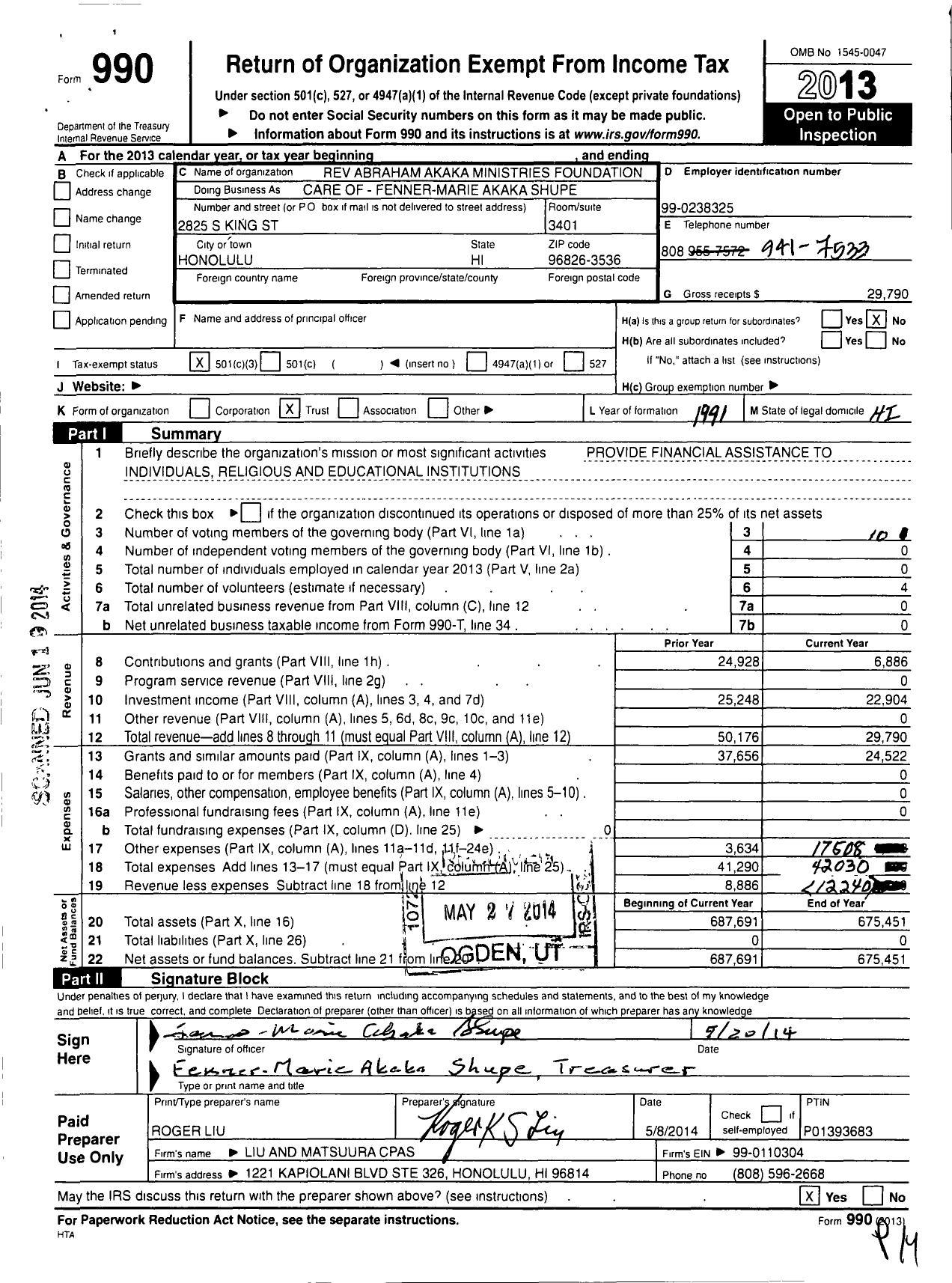 Image of first page of 2013 Form 990 for Reverend Abraham Kahu Akaka Ministries Foundation