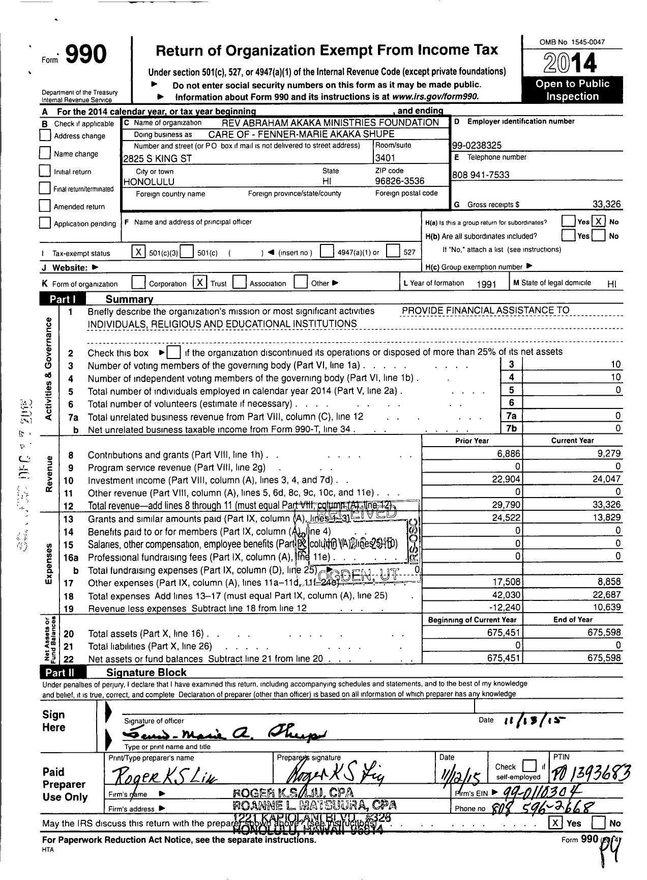 Image of first page of 2014 Form 990 for Reverend Abraham Kahu Akaka Ministries Foundation