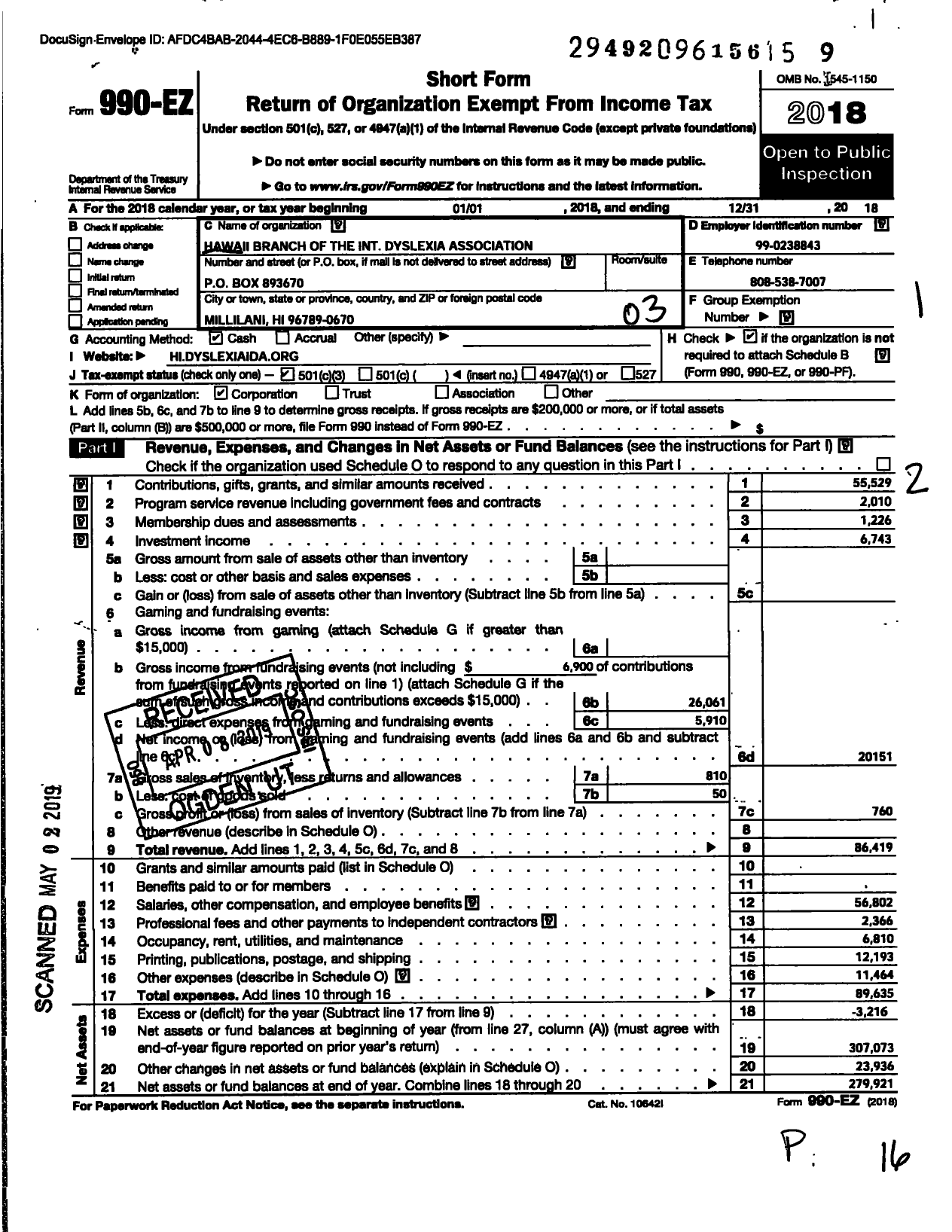 Image of first page of 2018 Form 990EZ for Hawaii International Dyslexia Association