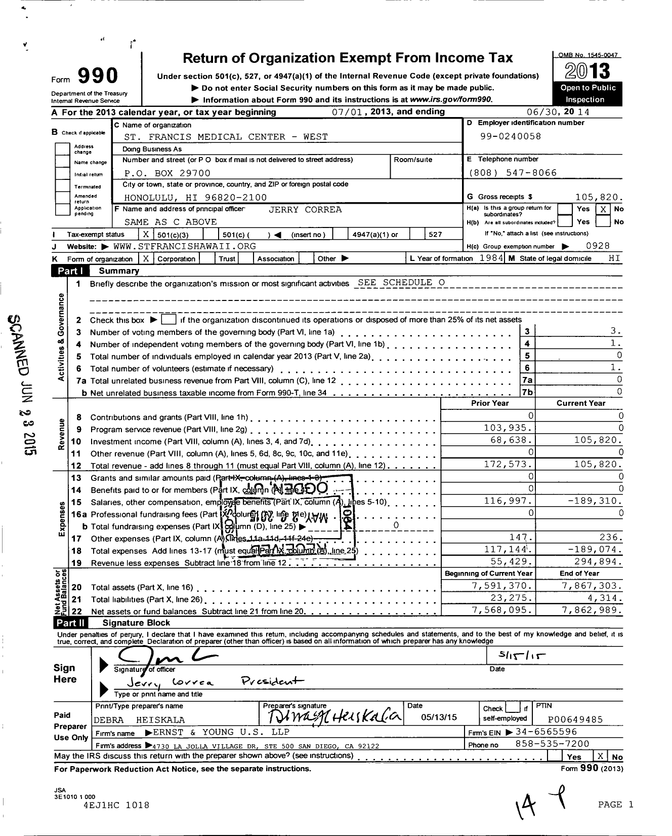 Image of first page of 2013 Form 990 for St Francis Medical Center - West