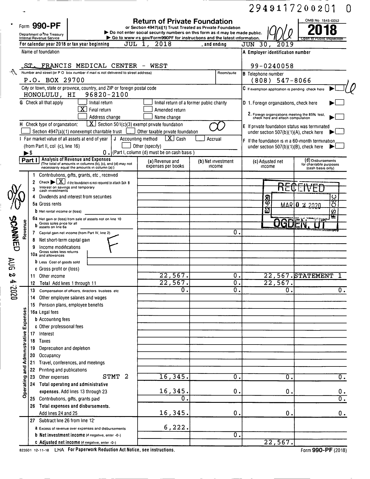 Image of first page of 2018 Form 990PR for St Francis Medical Center - West