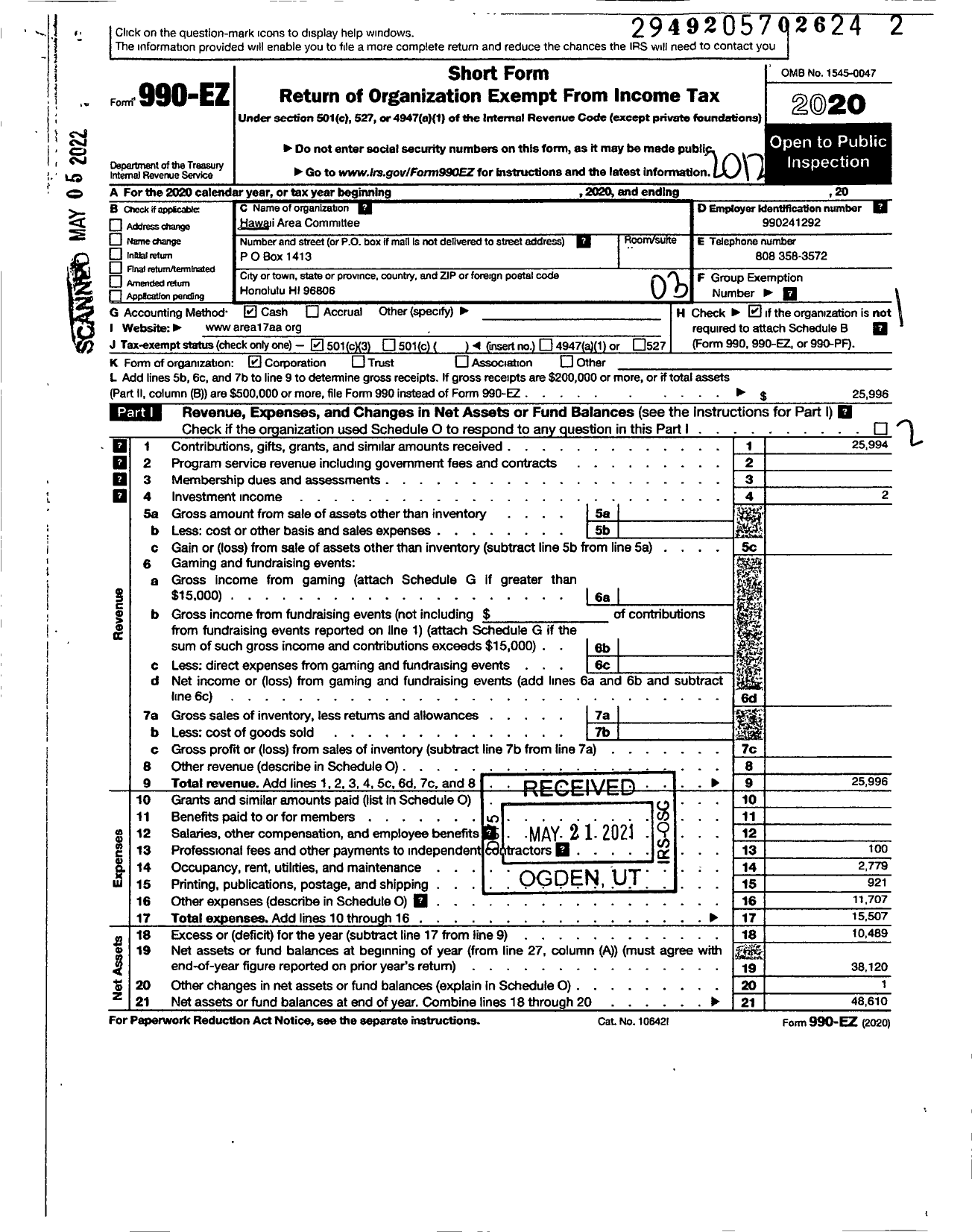 Image of first page of 2020 Form 990EZ for Hawaii Area Committee