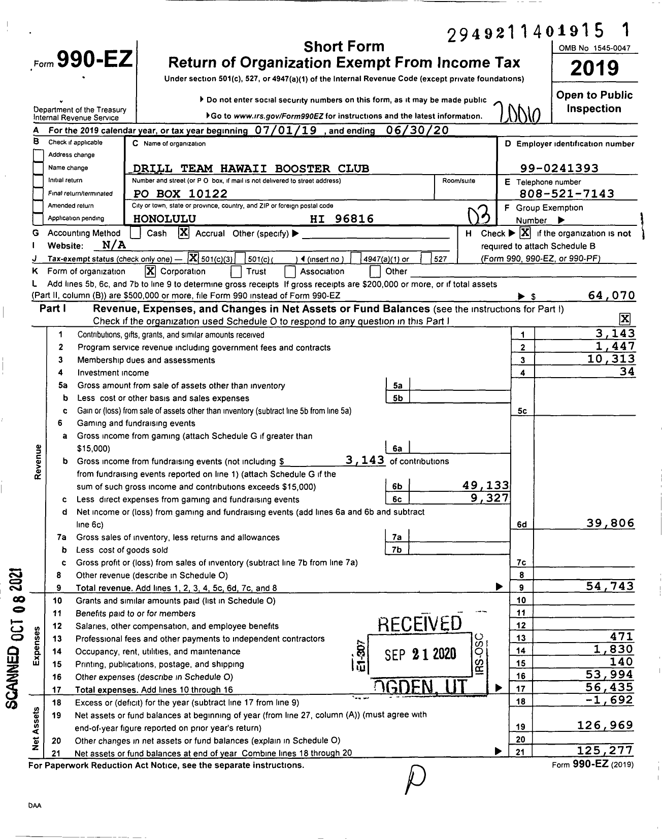 Image of first page of 2019 Form 990EZ for Drill Team Hawaii Booster Club