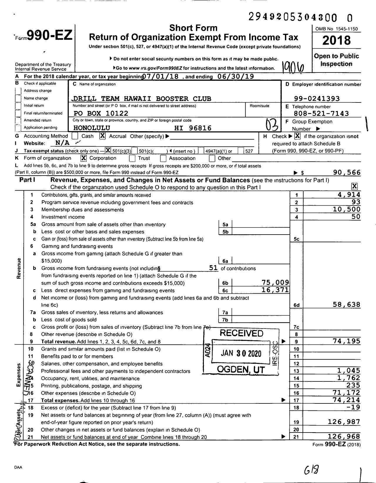 Image of first page of 2018 Form 990EZ for Drill Team Hawaii Booster Club