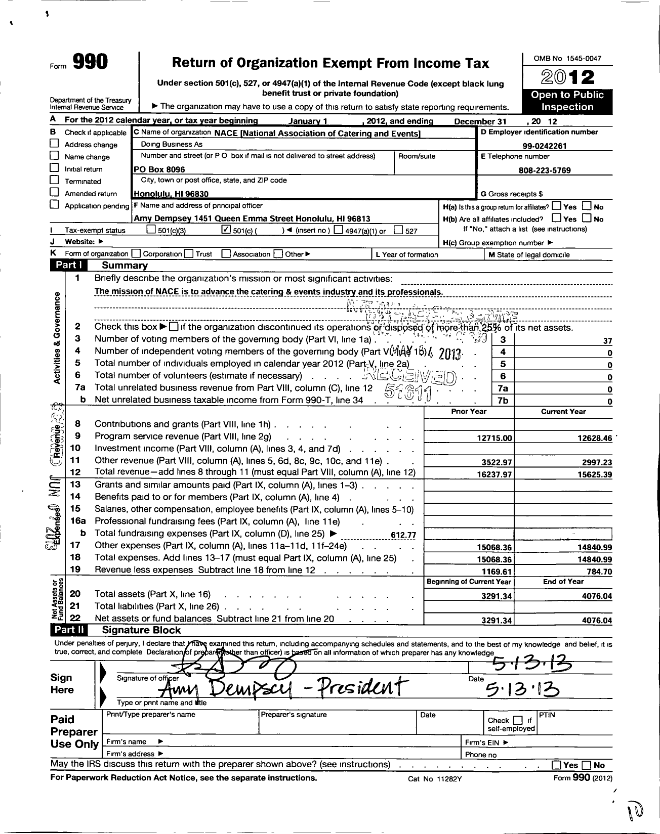 Image of first page of 2012 Form 990O for National Association for Catering and Events / Hawaii Chapter