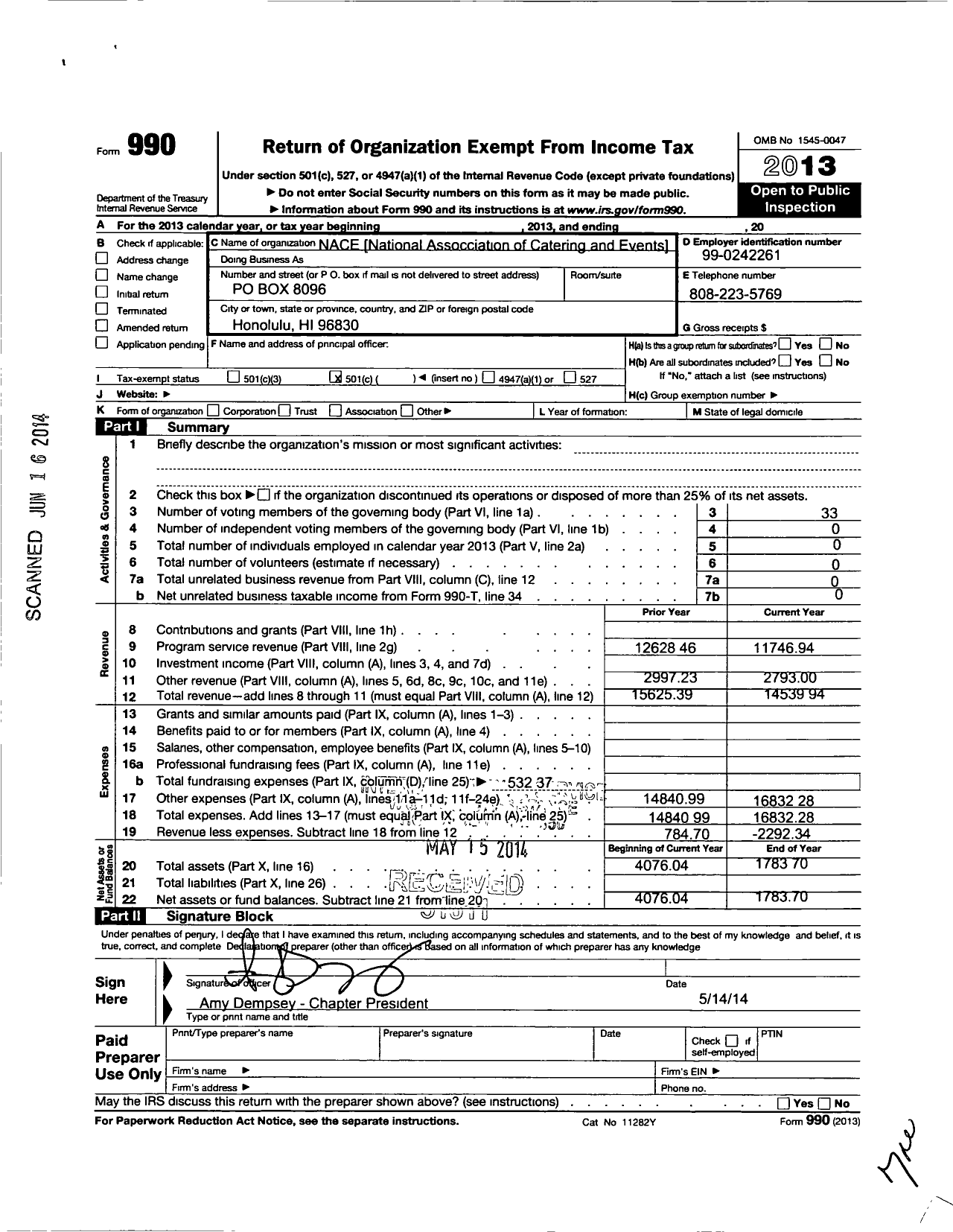 Image of first page of 2013 Form 990O for National Association for Catering and Events / Hawaii Chapter