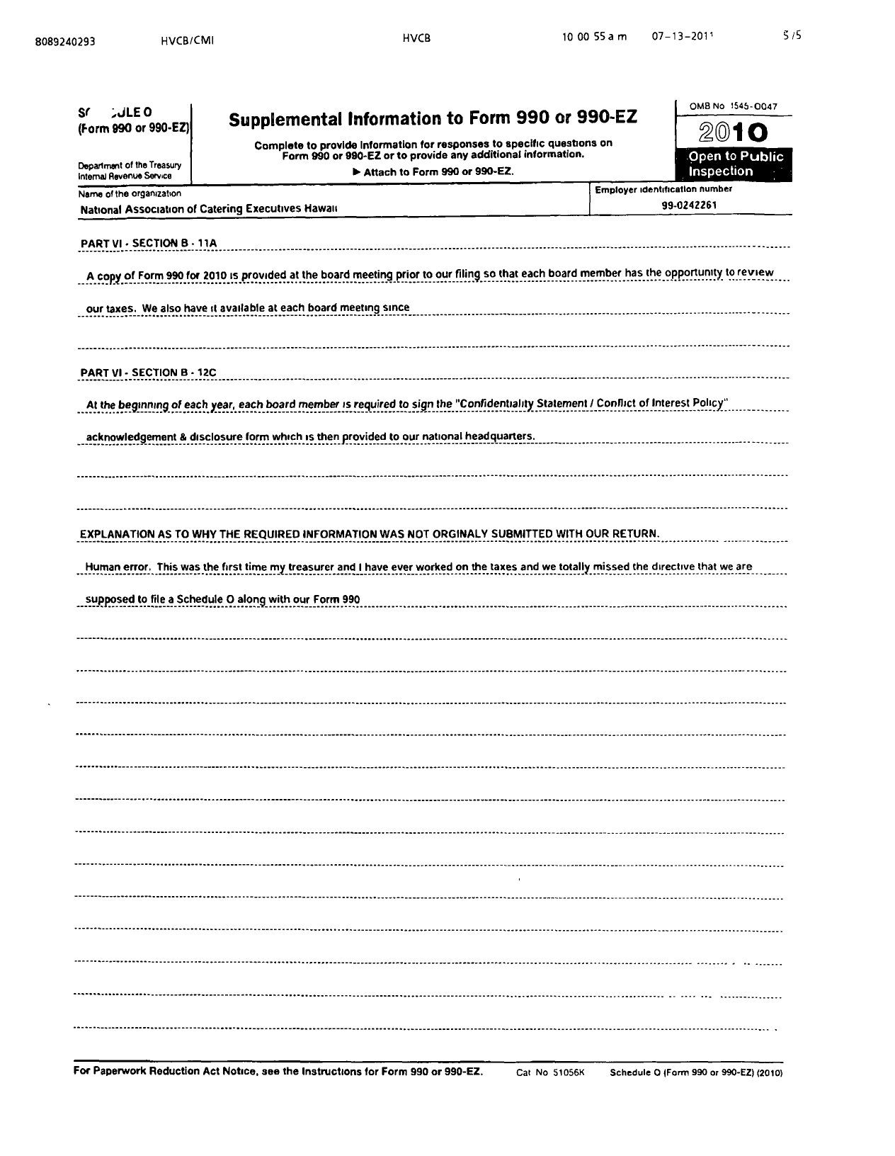 Image of first page of 2010 Form 990OR for National Association for Catering and Events / Hawaii Chapter