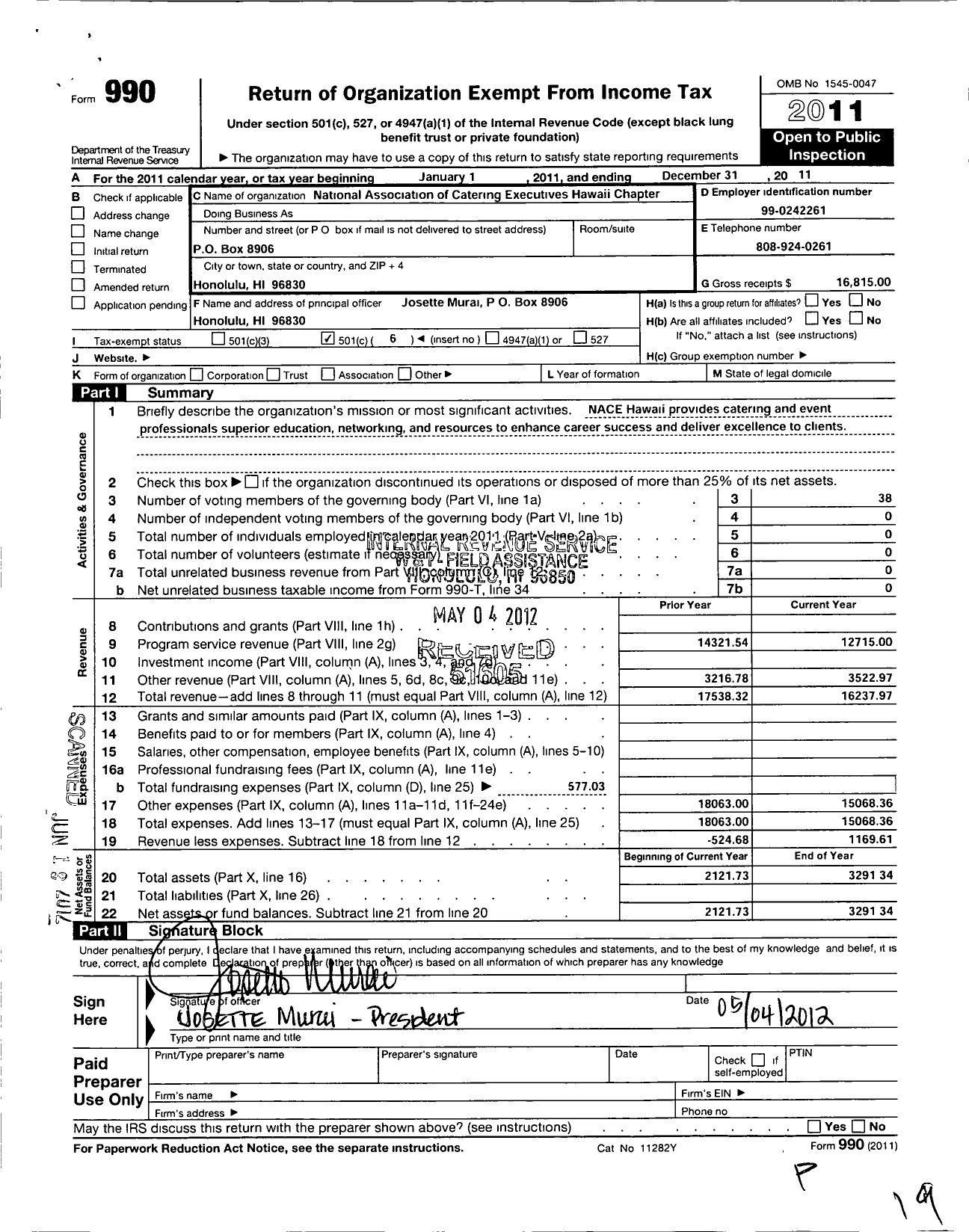 Image of first page of 2011 Form 990O for National Association for Catering and Events / Hawaii Chapter