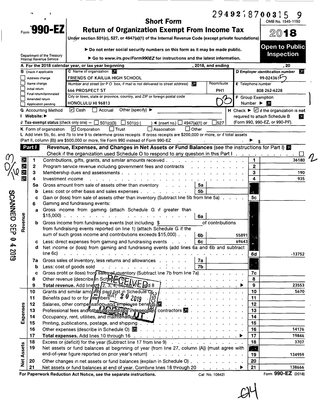 Image of first page of 2018 Form 990EZ for Friends Of Kailua High School