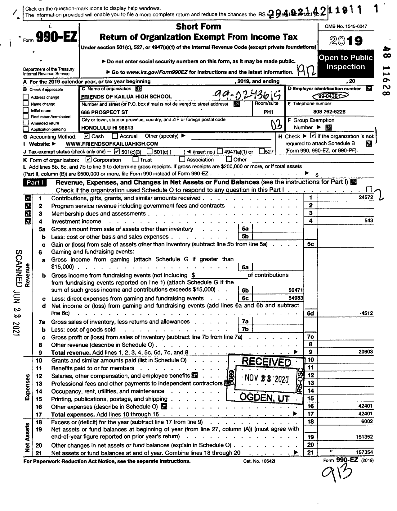 Image of first page of 2019 Form 990EZ for Friends Of Kailua High School