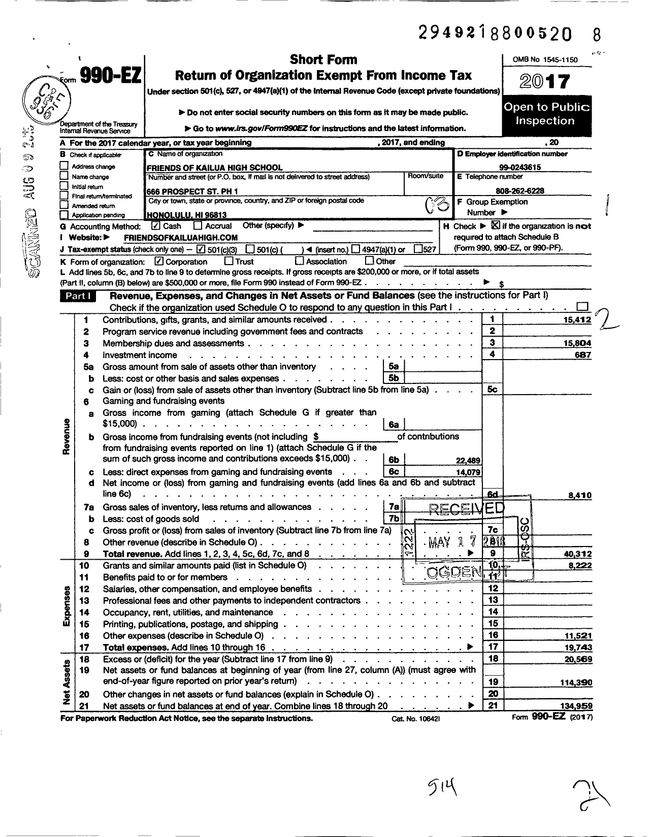 Image of first page of 2017 Form 990EZ for Friends Of Kailua High School