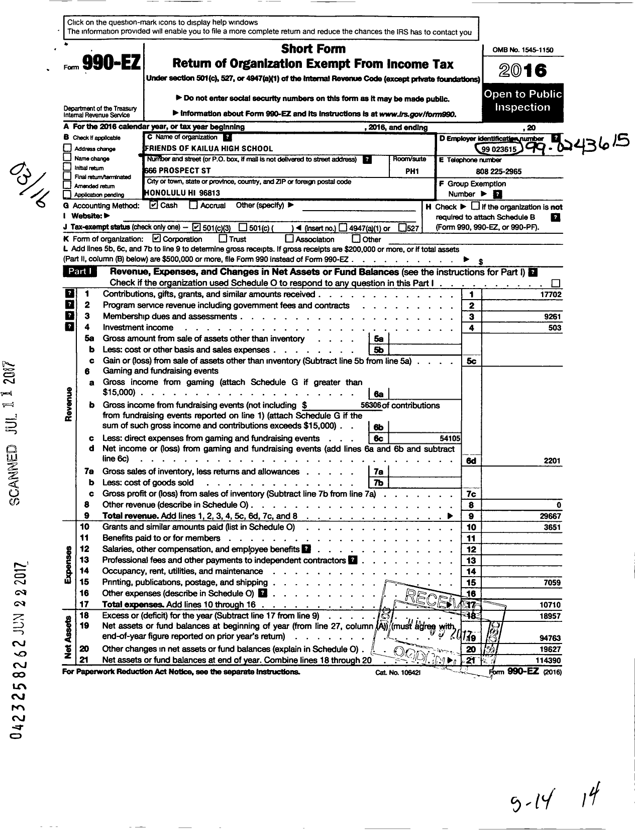 Image of first page of 2016 Form 990EZ for Friends Of Kailua High School