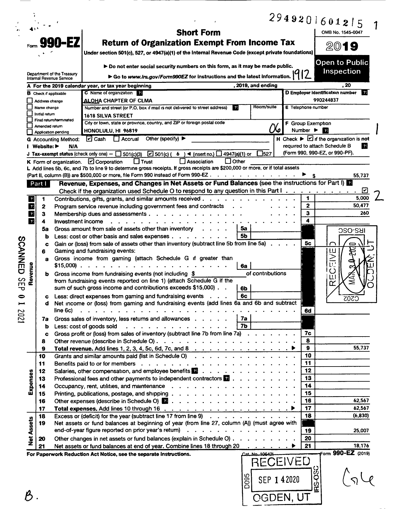 Image of first page of 2019 Form 990EO for Aloha Chapter of Clma