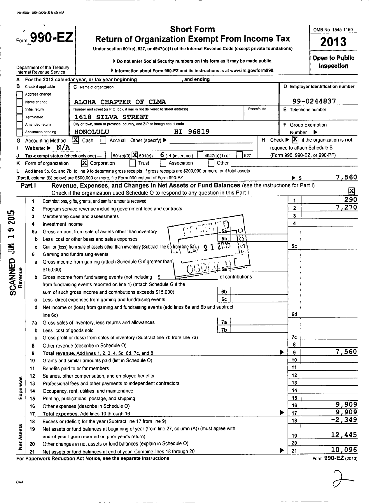 Image of first page of 2013 Form 990EO for Aloha Chapter of Clma