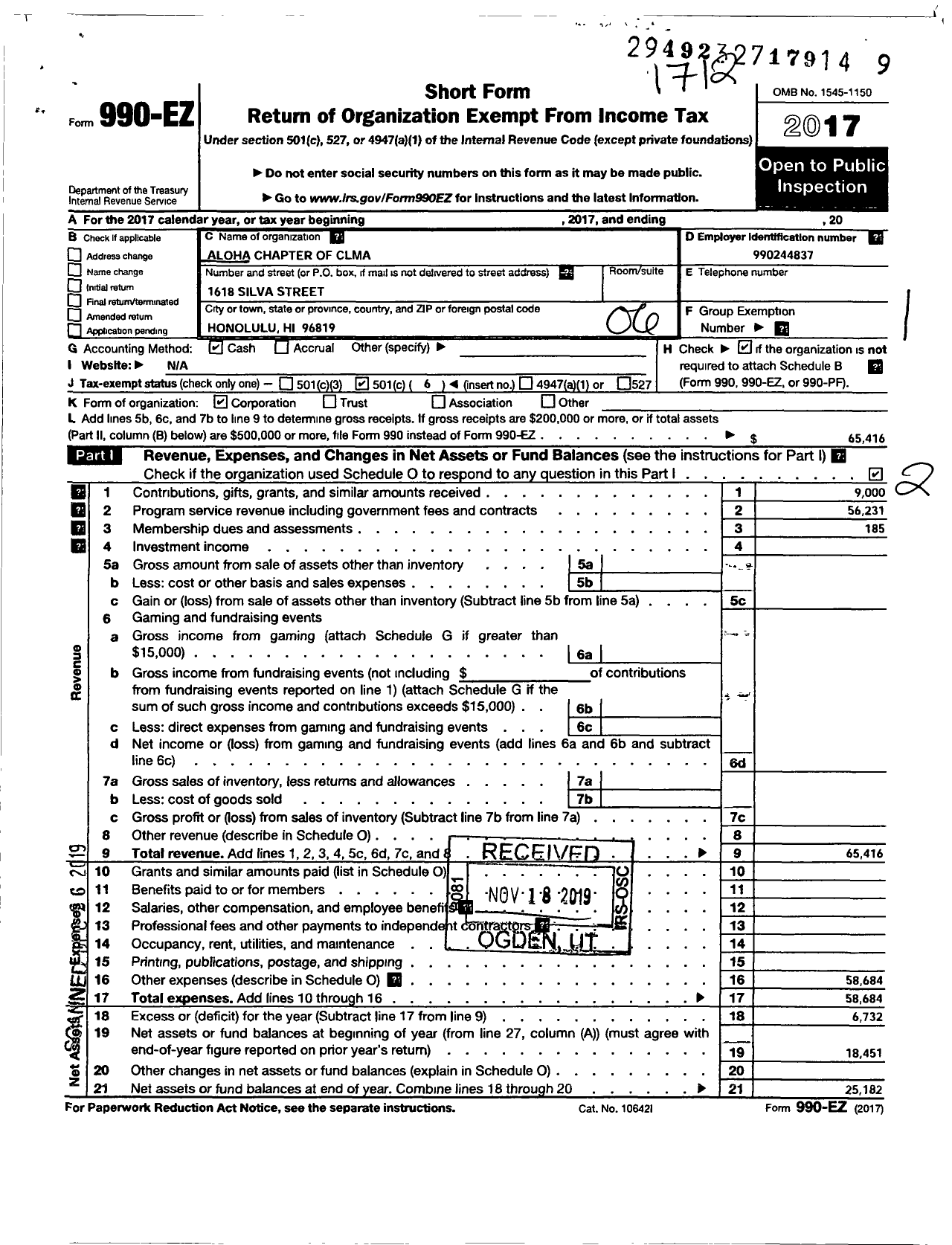 Image of first page of 2017 Form 990EO for Aloha Chapter of Clma