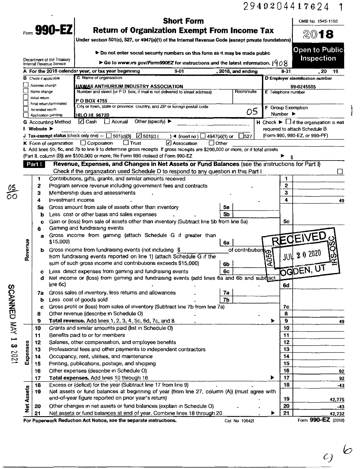 Image of first page of 2018 Form 990EO for Hawaii Anthurium Industry Association