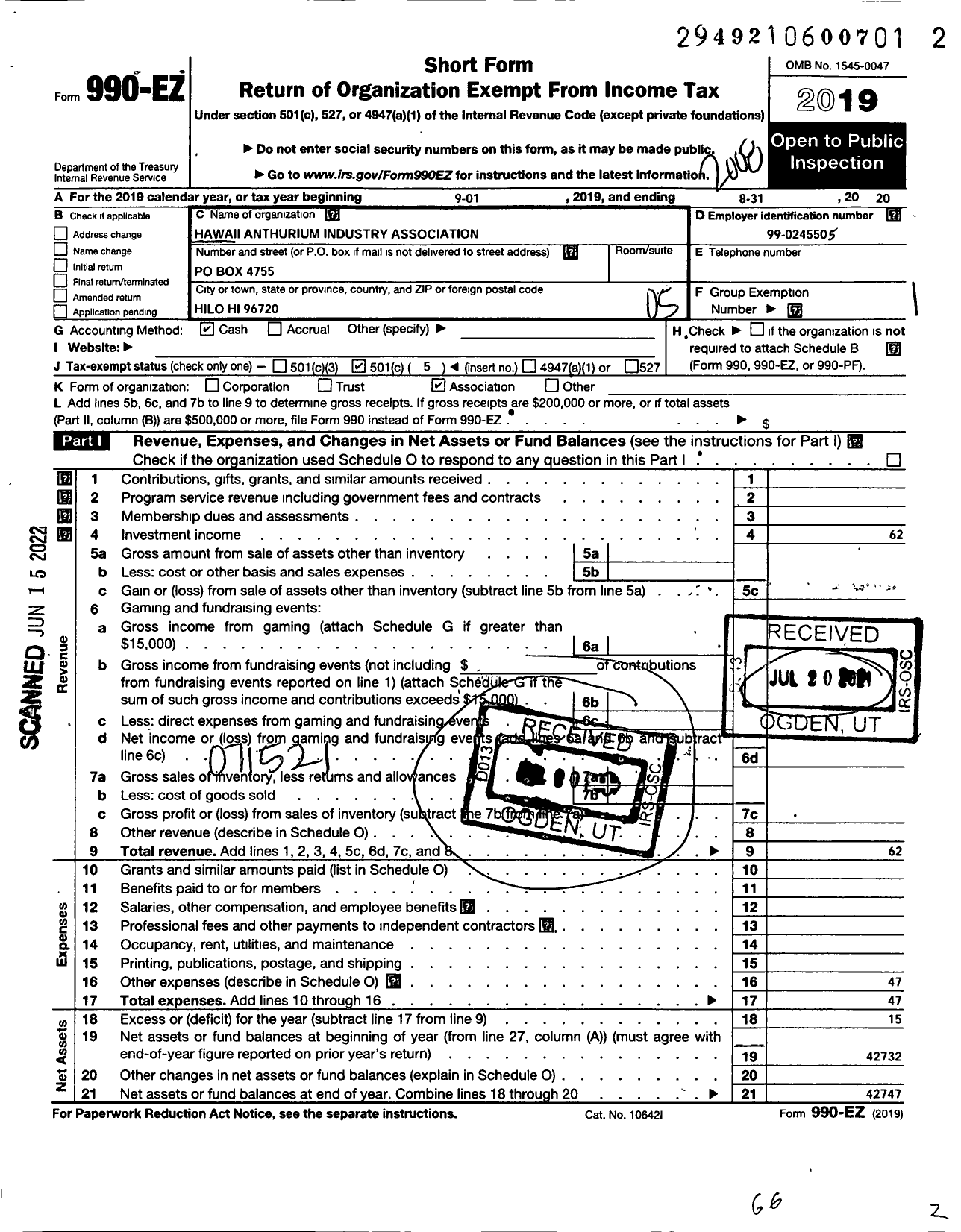 Image of first page of 2019 Form 990EO for Hawaii Anthurium Industry Association