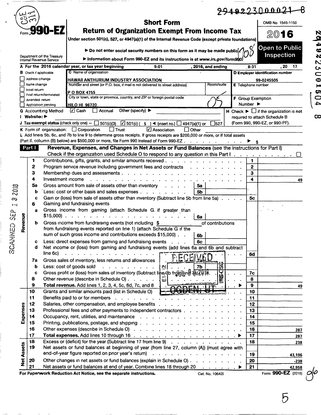 Image of first page of 2016 Form 990EO for Hawaii Anthurium Industry Association